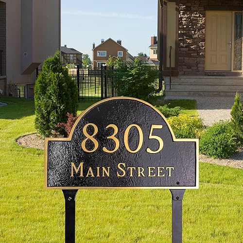 Montague Metal Products - Placa de césped personalizada con dirección de dos líneas Arch Serif Economy - Placa para exteriores con dos estacas de