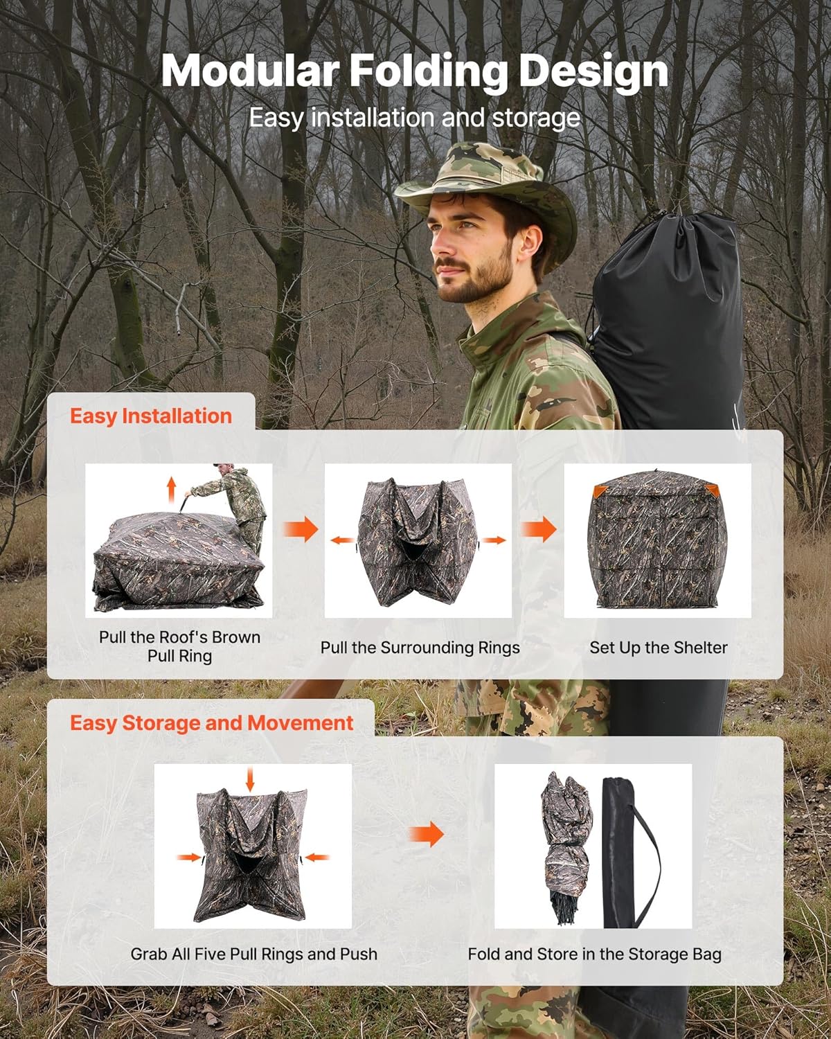 VEVOR Hunting Blind，See Through Ground Blinds with Carrying Bag, 360 Degree Portable Camouflage Tent，Durable Concealed Shelter with Silent Side Door and Window, for Turkey and Deer