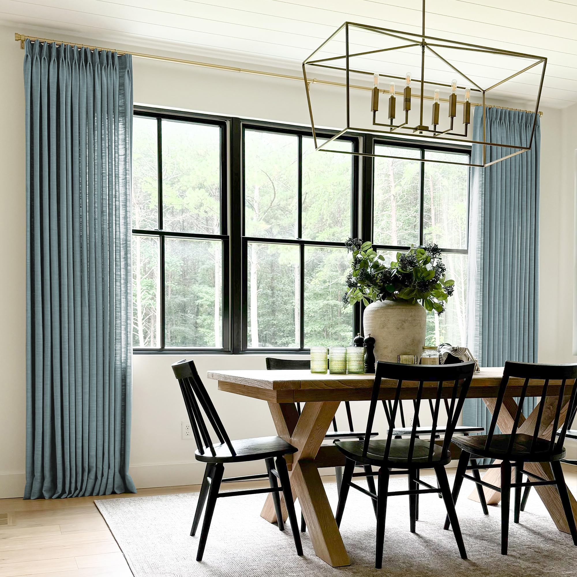 TWOPAGES Pinch Pleated Curtain 90 Inches Long Everglade Teal Faux Linen Textured Curtain for Track System, Lined Light Filtering Drape (1 Panel, 52W x