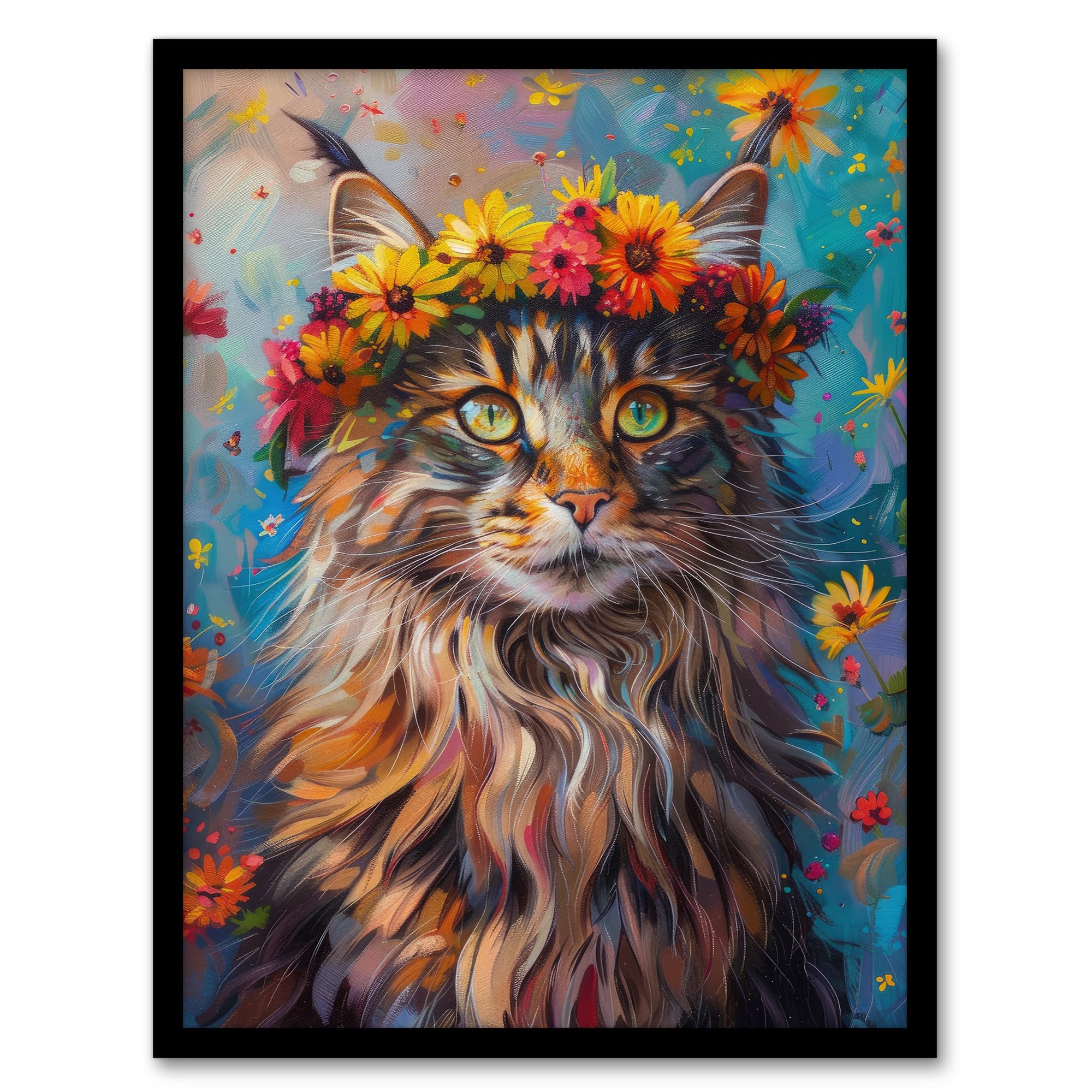 Hippie Maine Coon Cat Flower Crown Print - Fun Abstract Art Framed Poster - A4 Size