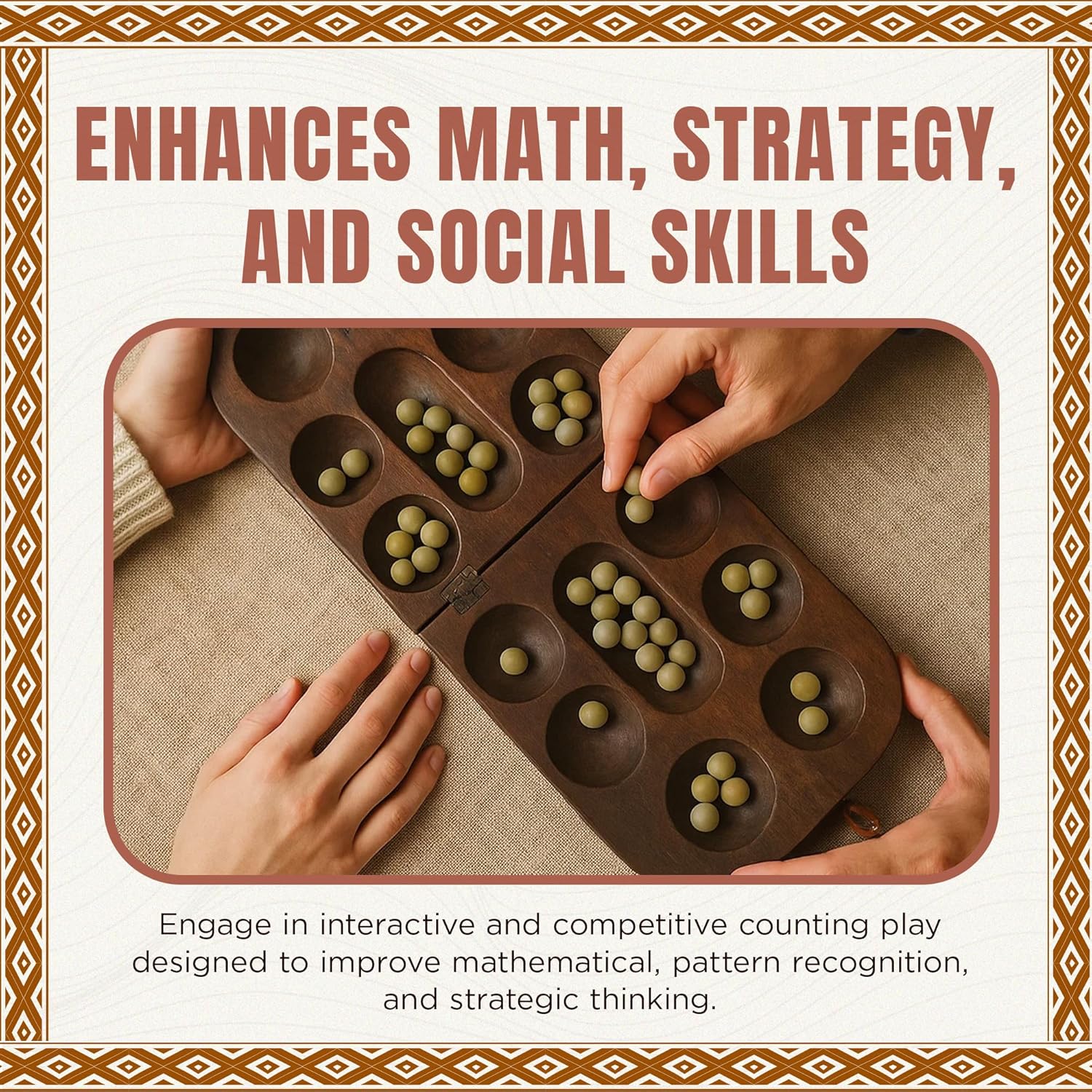 Africa Heartwood Project African Oware Mancala Board - Folding Rounded Shape, Hand-Carved Solid Wood with Mask Design, 48 Seeds and Instructions Included