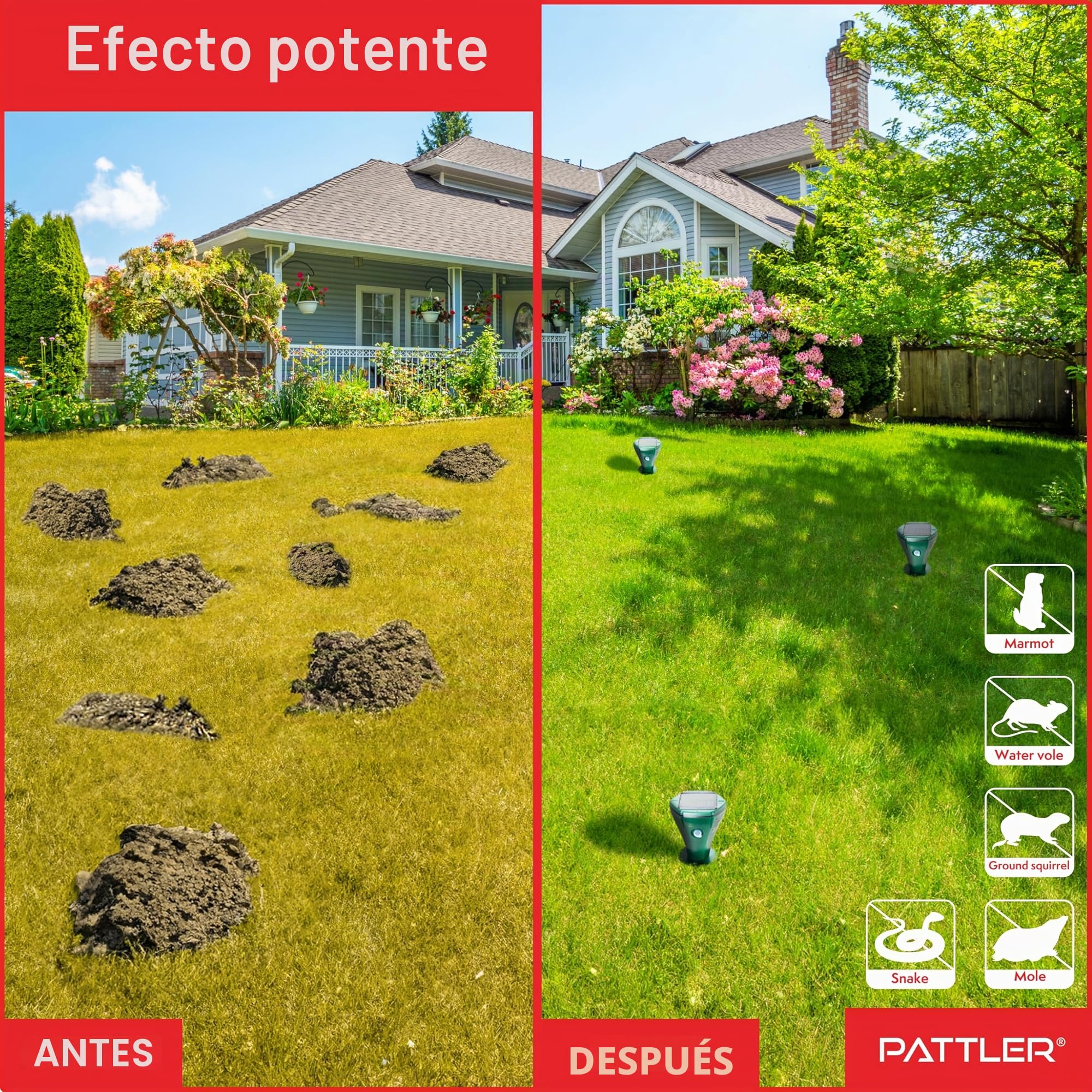 PATTLER® Juego de 2 distribuidores de Topos – Eficaz ahuyentar Topos en Aproximadamente 800 m² – Uso Flexible Gracias al módulo Solar – Innovador diseño de Tornillo Aumenta la eficacia