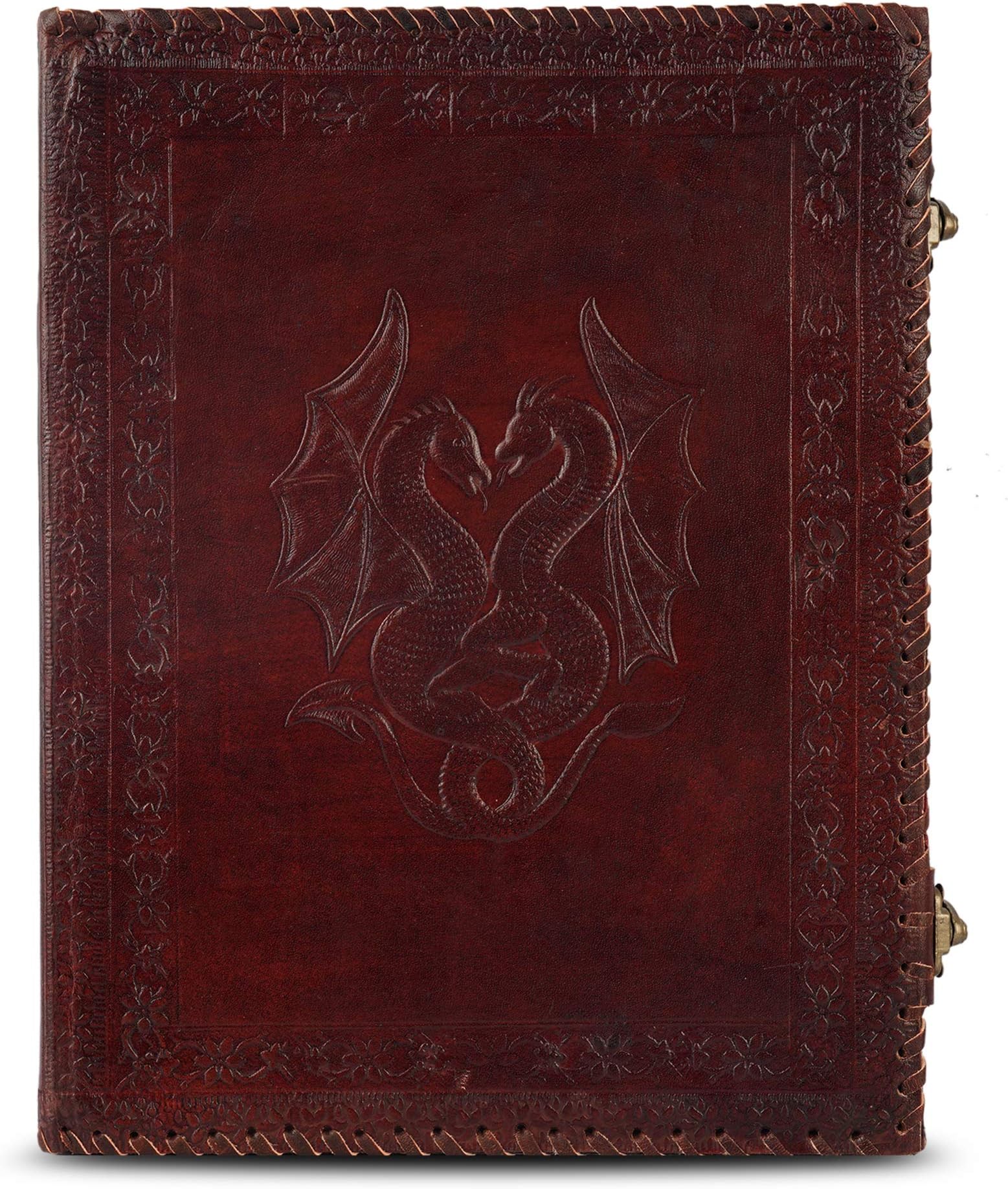 Wellbourne Leather Bound File Folder Portfolio A4 Handmade Expandable Resume Padfolio Embossed with Double Dragon Document Organizer for Office - Brown (10x13 inches)