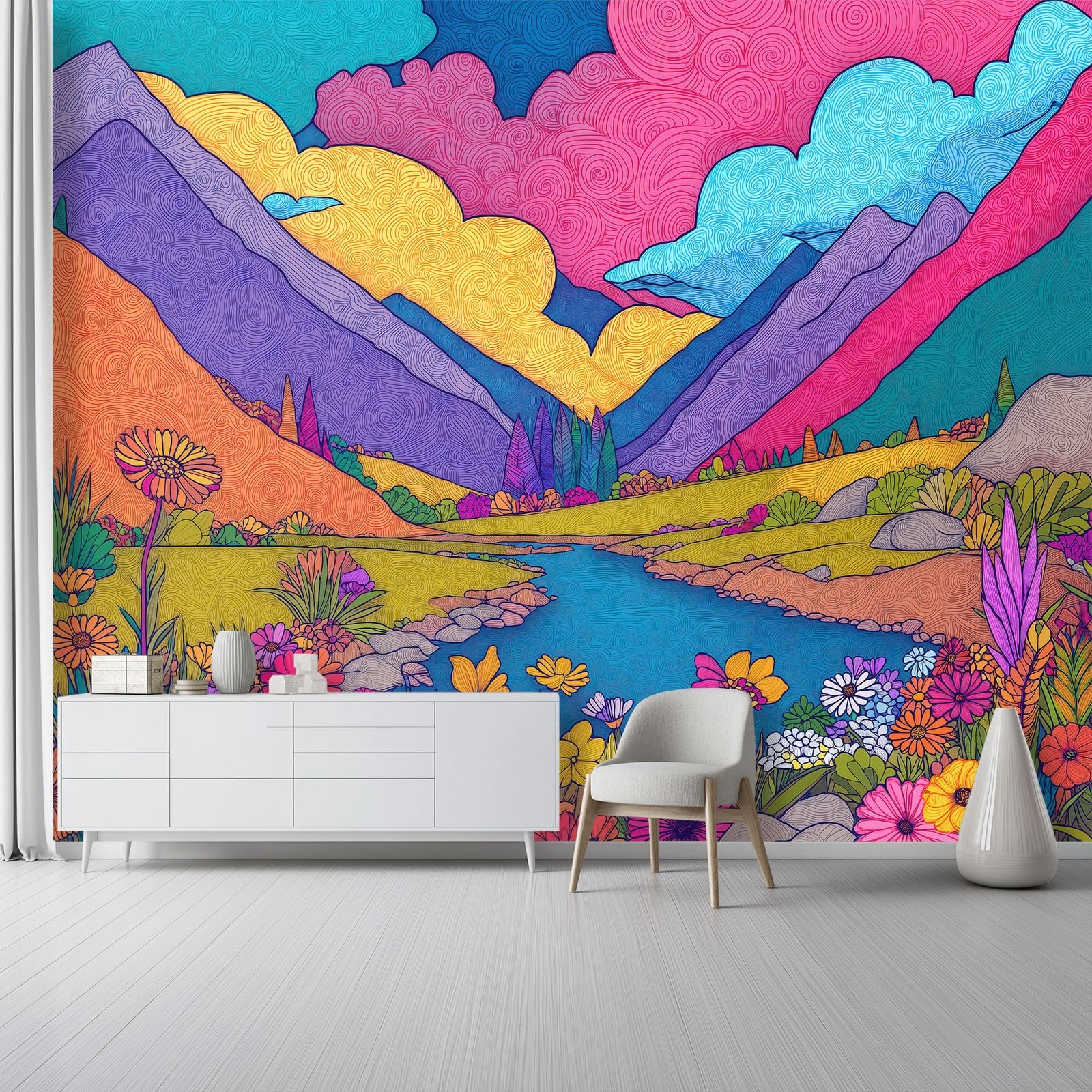 Papier peint paysage montagnes multicolore pour le salon ou la chambre