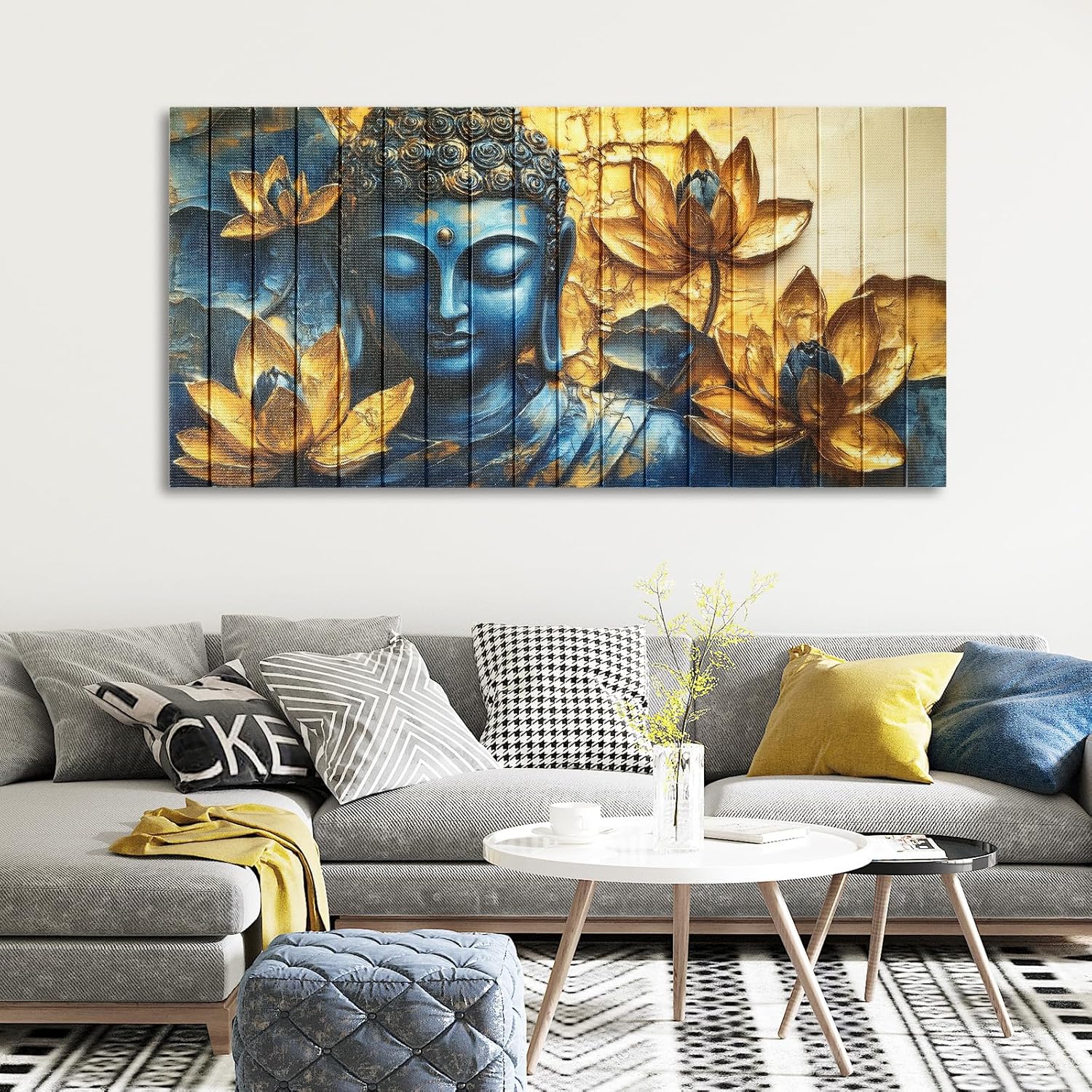 llribbons Vintage Buddha Wall Art Zen Lotus Flowers Canvas Ribbon Pictures Inspirational Wall Decor Handmade 3D Woven Textured for Buddhism Room Bathroom Bedroom Living Room Home Decor 20" x 40"