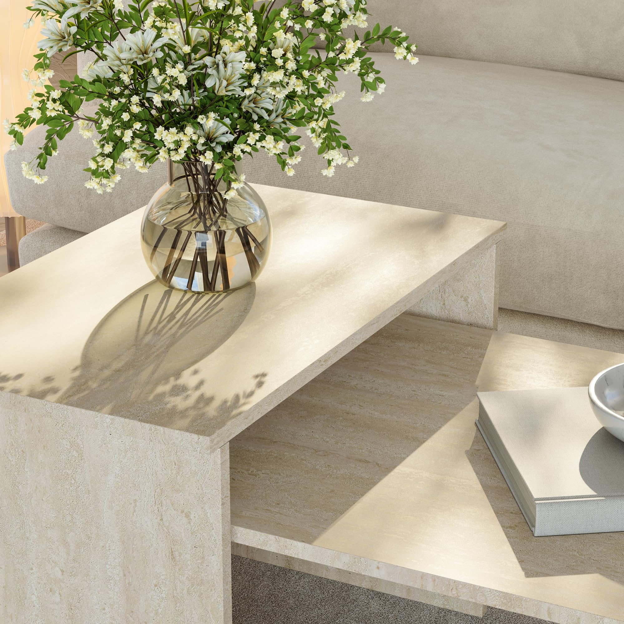 [en.casa] Set de 2 Tables Basses Gigognes de Tailles Différentes Ensemble de 2 Tables d'Appoint Design Intemporel pour Salon Chambre Panneau de Particules Mélaminé Travertin