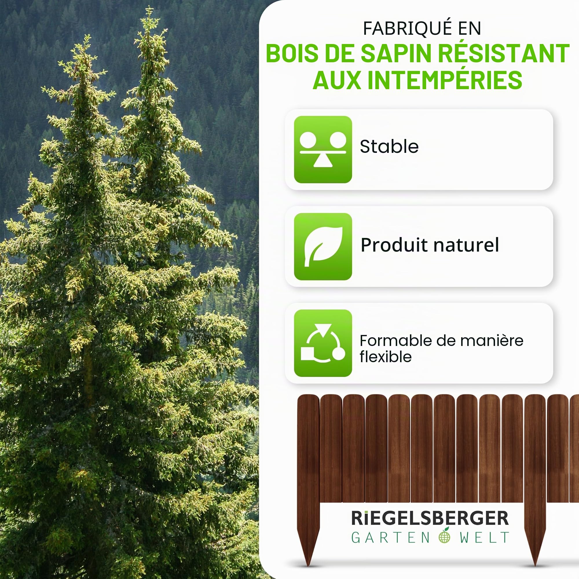 Gartenwelt Riegelsberger Planche à roulettes marron Longueur 203 cm Clôture Hauteur 40 cm Clôture en bois Bordure de pelouse Bois d'épicéa