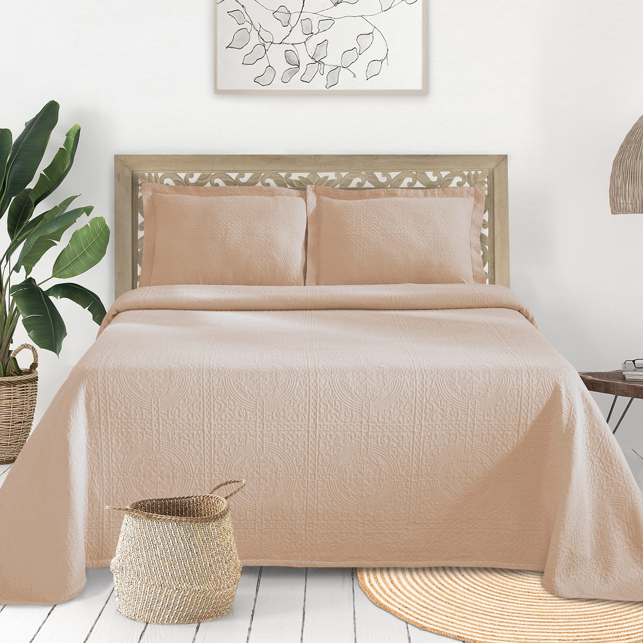 Superior Fleur De Lis Cotton 3 Piece Bedspread Set, Home Bed Decor, Decorative Textured Bed Spread, 2 Pillow Shams, Airy Blanket, Matelasse Coverlet Bedding, Boho Medallion, Full, Peach