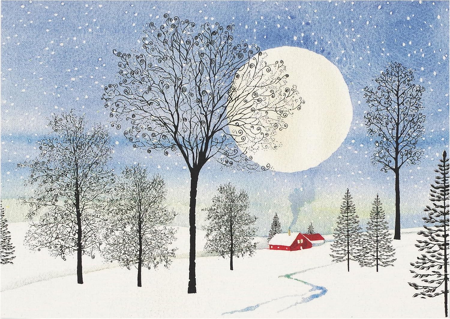 Peter Pauper Press Moonlit Cottage Deluxe Boxed Holiday Cards - 20 Silver Foil Cards, 21 Self-Sealing Envelopes & Keepsake Box