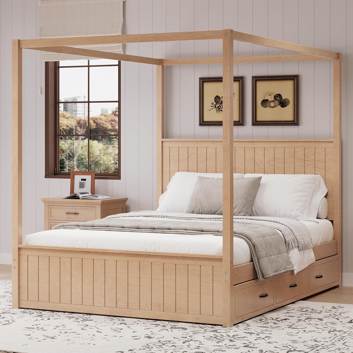 Merax Modern Queen Size Canopy Platform Bed with Trundle & 3 Storage Drawers,4-Post Solid Wood Bed Frame with Headboard,No Box Spring Needed for Master Bedroom,Guest Room,Small Space,Natural