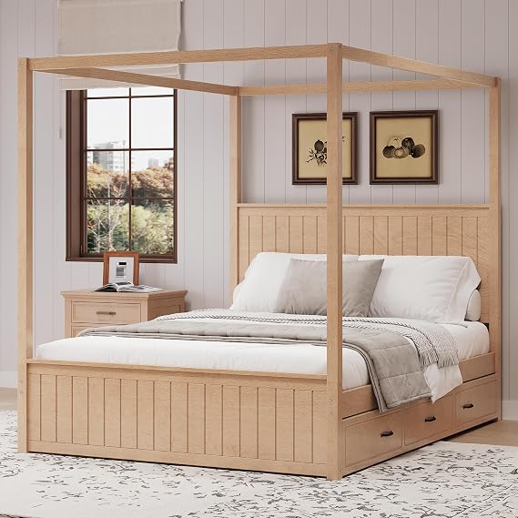 RuiSiSi Canopy Bed Frame Queen Size, Solid Wood Four Poster Canopy Bed Frame with Headboard, Trundle and 3 Drawers, No Box Spring Needed, Natural