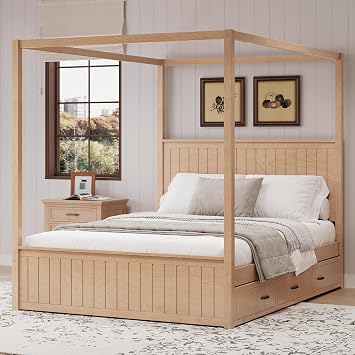 Queen Size Canopy Bed with Trundle and 3 Storage Drawers, Solid Wood 4 Posters Platform Bed with Headboard, No Box Spring Needed Natural