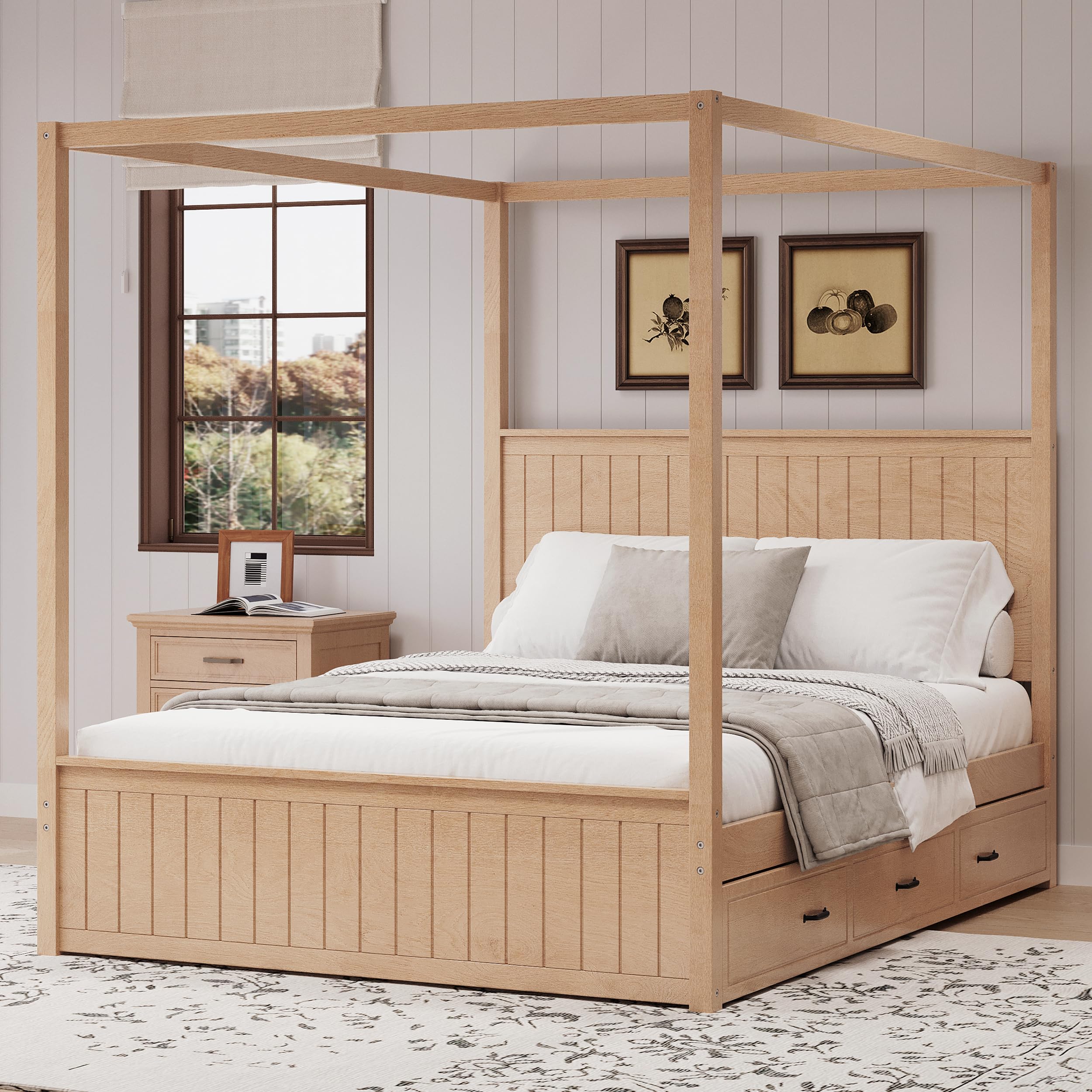 Merax Modern Queen Size Canopy Platform Bed with Trundle and Three Storage Drawers,4-Post Solid Wood Bed Frame with Headboard,No Box Spring Needed,Natural