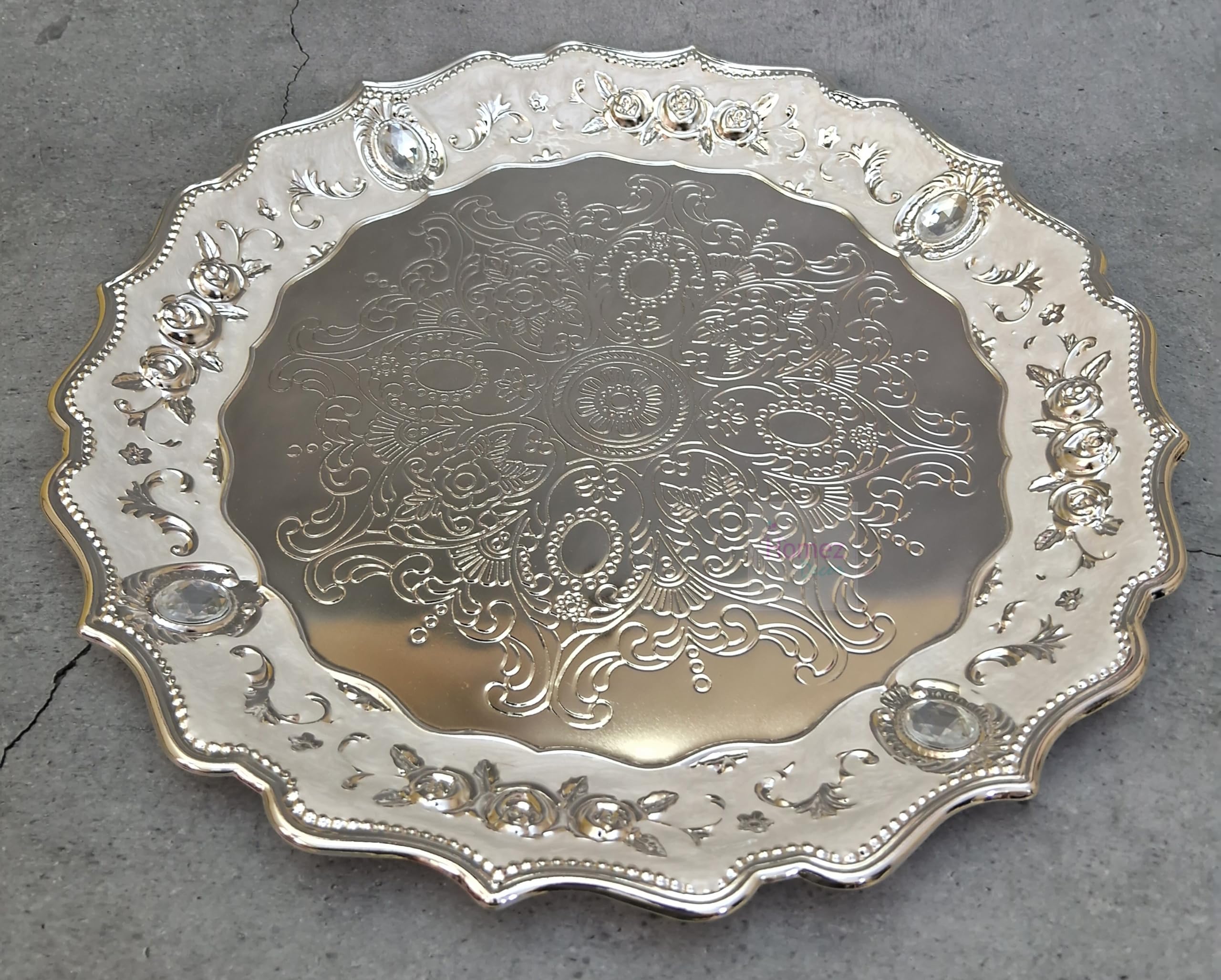 Homez Decor Multipurpose Handcrafted White Metal German Silver Plate with Stones for Pooja, Wedding, Diwali, Festivals | Handmade Plate - Set of - 2 Pc (12 inches)