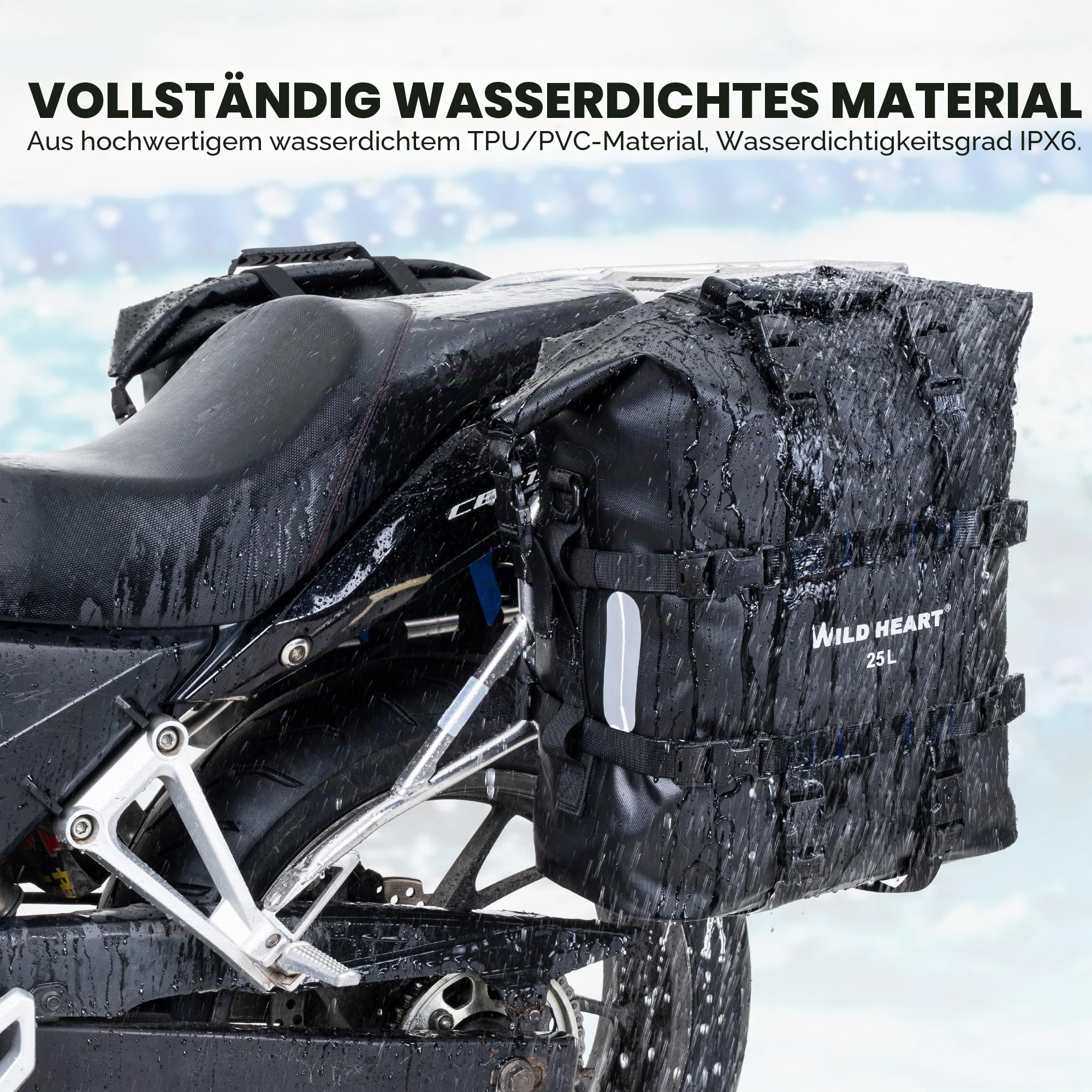 WILD HEART Motorrad Seitentasche Edelstahl Federung wasserdichte Tasche 20L/25L wasserdicht Pianner verschleißfest Allzweck-Bike-Zubehör (Schwarz TPU, 25L,One PCS)
