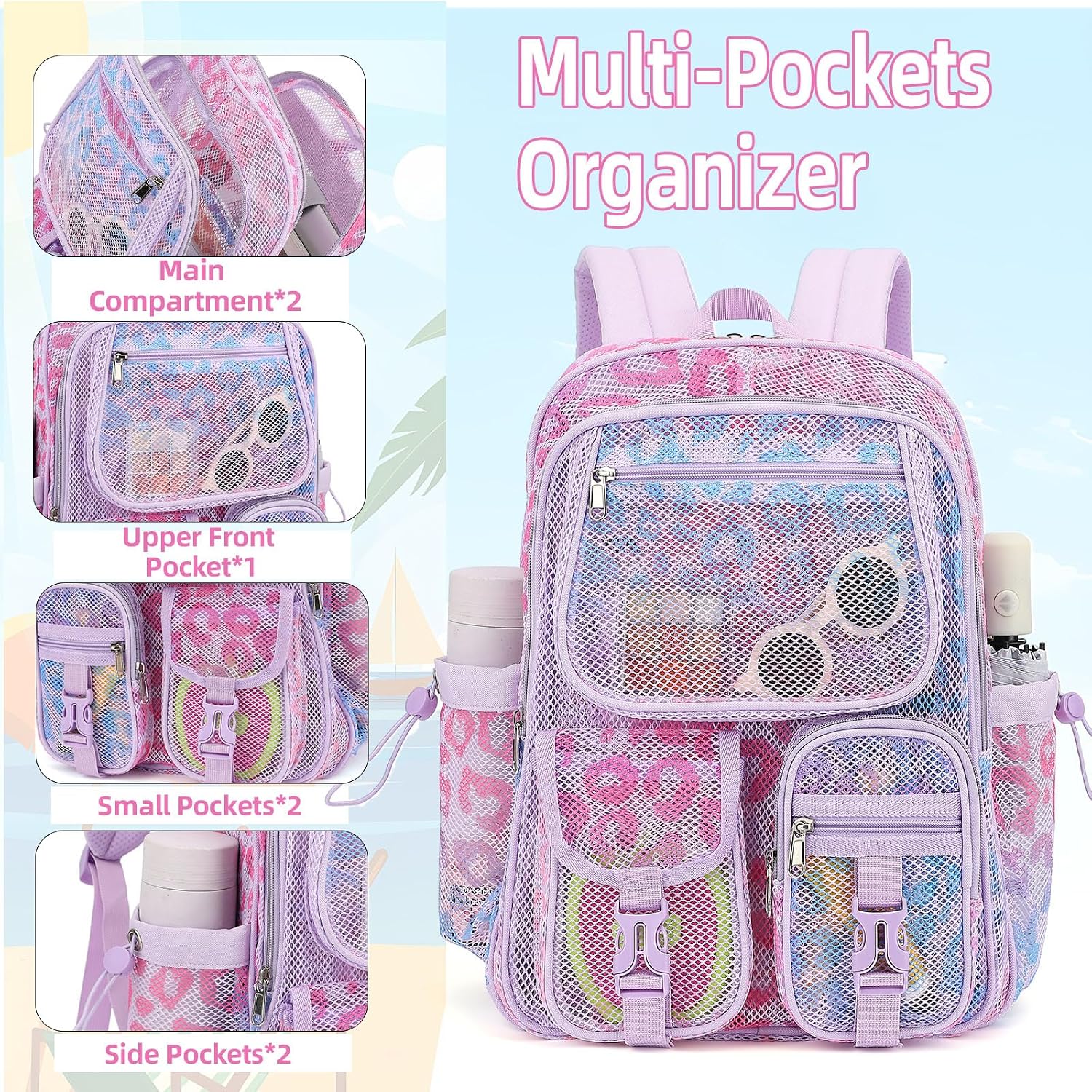 Leopard Purple Mesh Backpack for Girls Boys, Mesh Bookbags Heavy Duty Semi-Transparent School Bag for College, Travel, Beach, Swimming, Sports