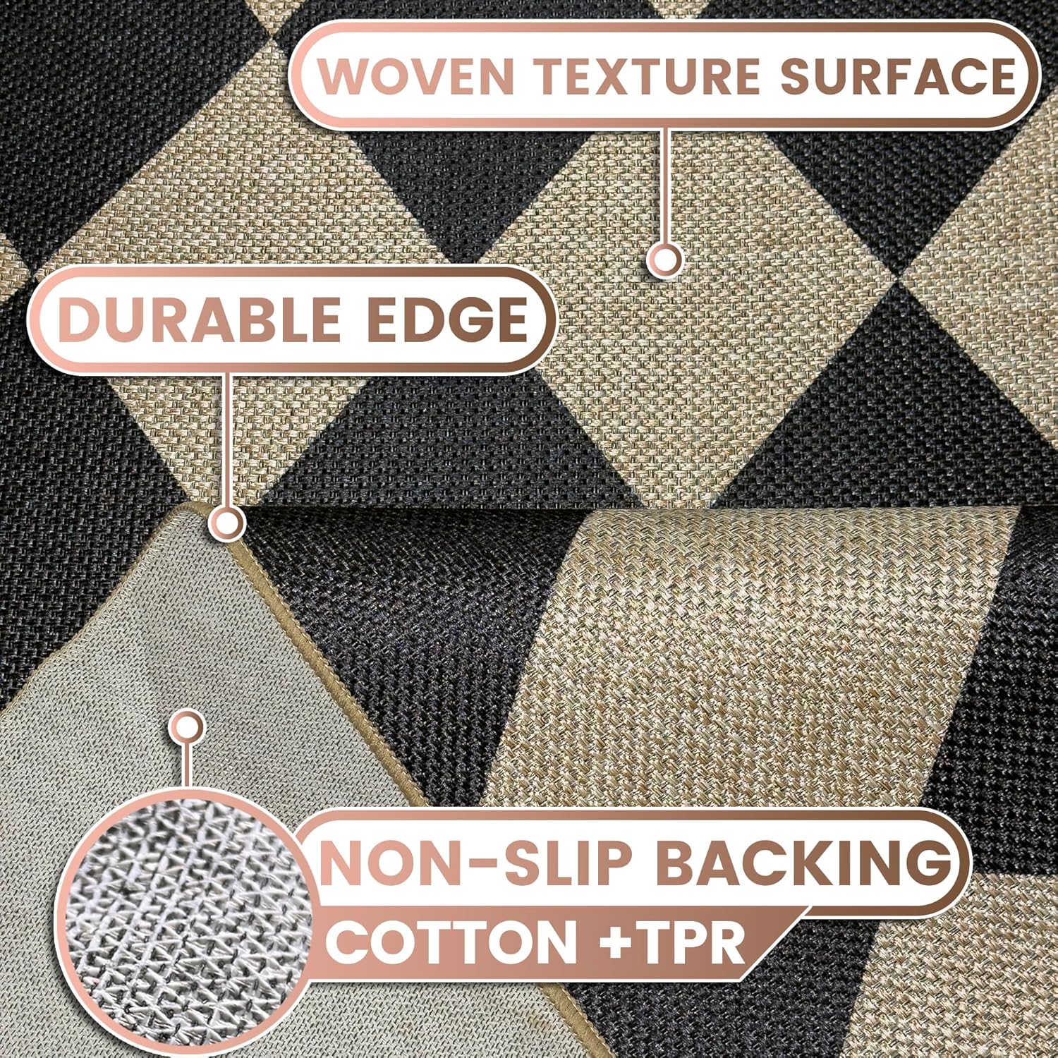 Washable Checkered Easy Jute Rug, 3x5 Black Diamond Checkerboard Boho Geometric Outdoor Indoor Patio Small Rugs, Low Pile Lightweight Non Slip Carpet Door Mat for Bedroom Entryway Front Door Farmhouse