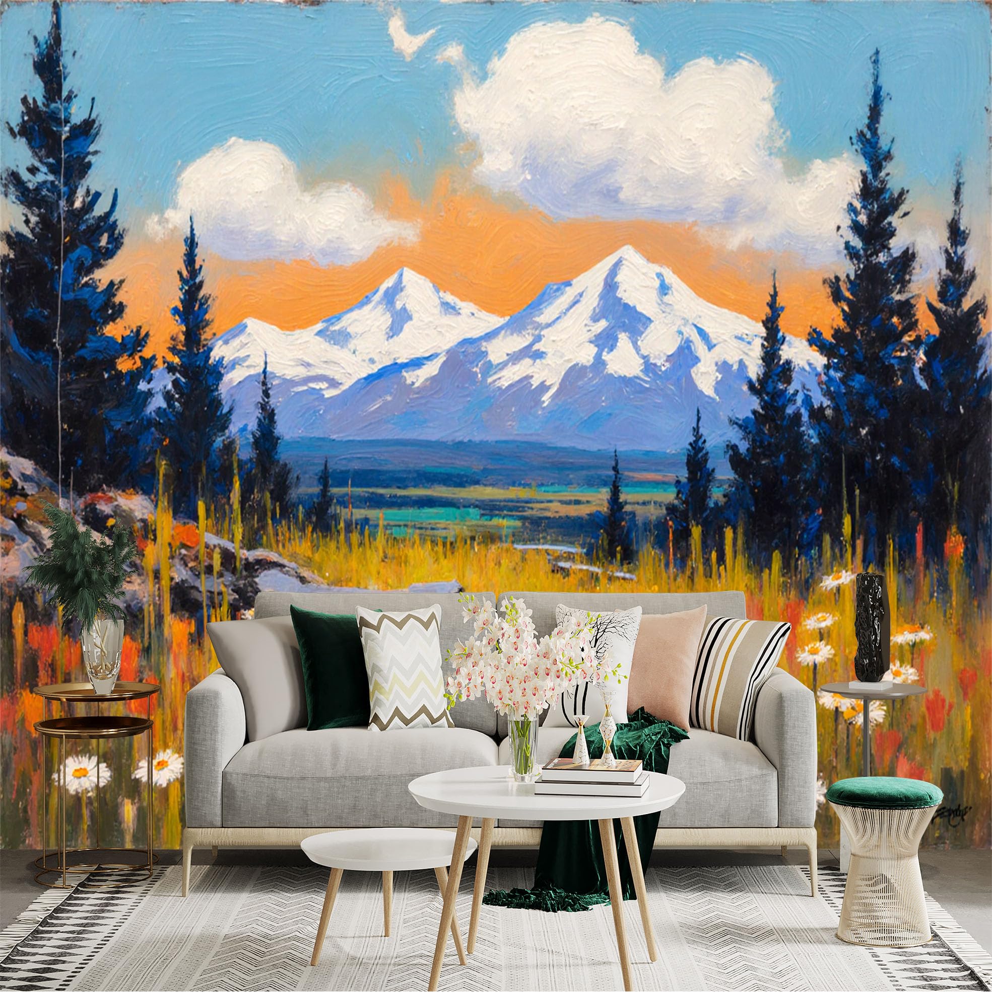 Custom Size Wall Sticker Mural， Snowy Mountains with Wildflowers and Pine Trees Landscape， for wall Decoration， peelandstick wall Decals.