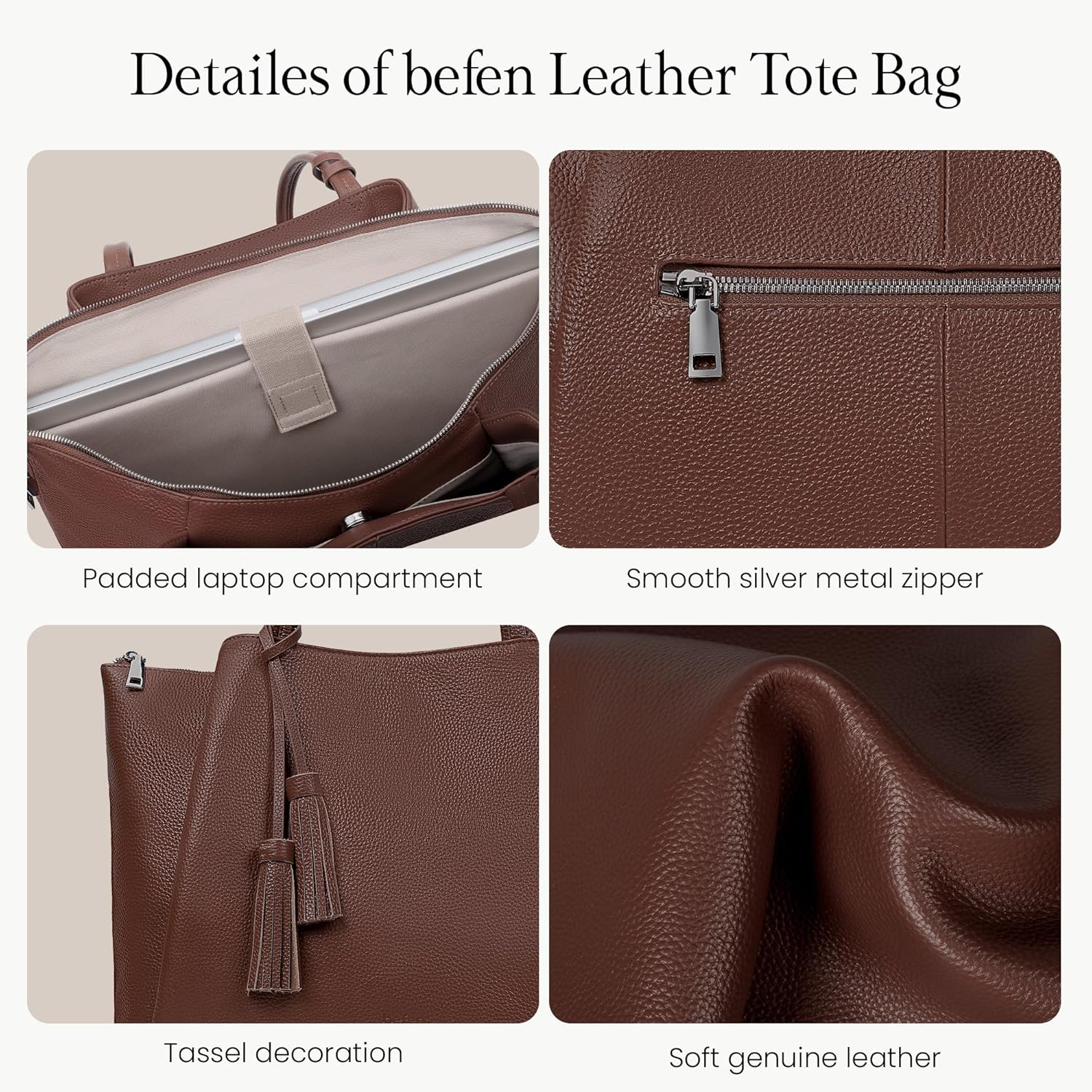 befen Genuine Leather Tote Bag for Women Work, Womens Laptop Tote Bags Shoulder Purses Totes with Compartments Handbags - Image 4
