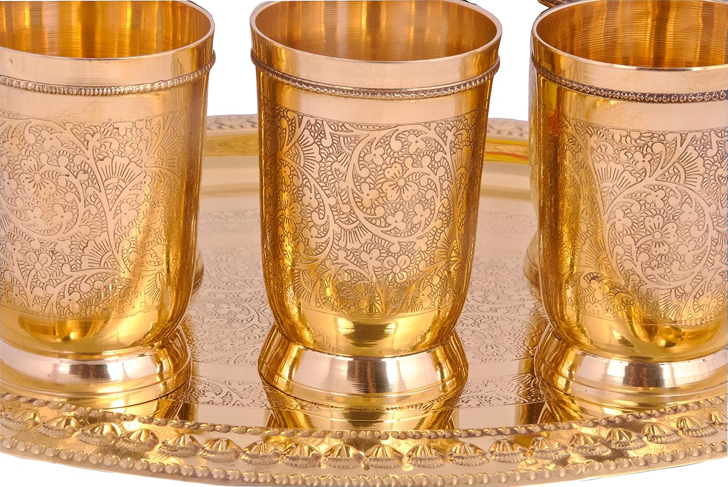 Shiv Shakti Arts® Pure Brass Serveware Set | Brass Tray with Glass | 7 Pieces Brass Dinner Set | Gifting Diwali Special