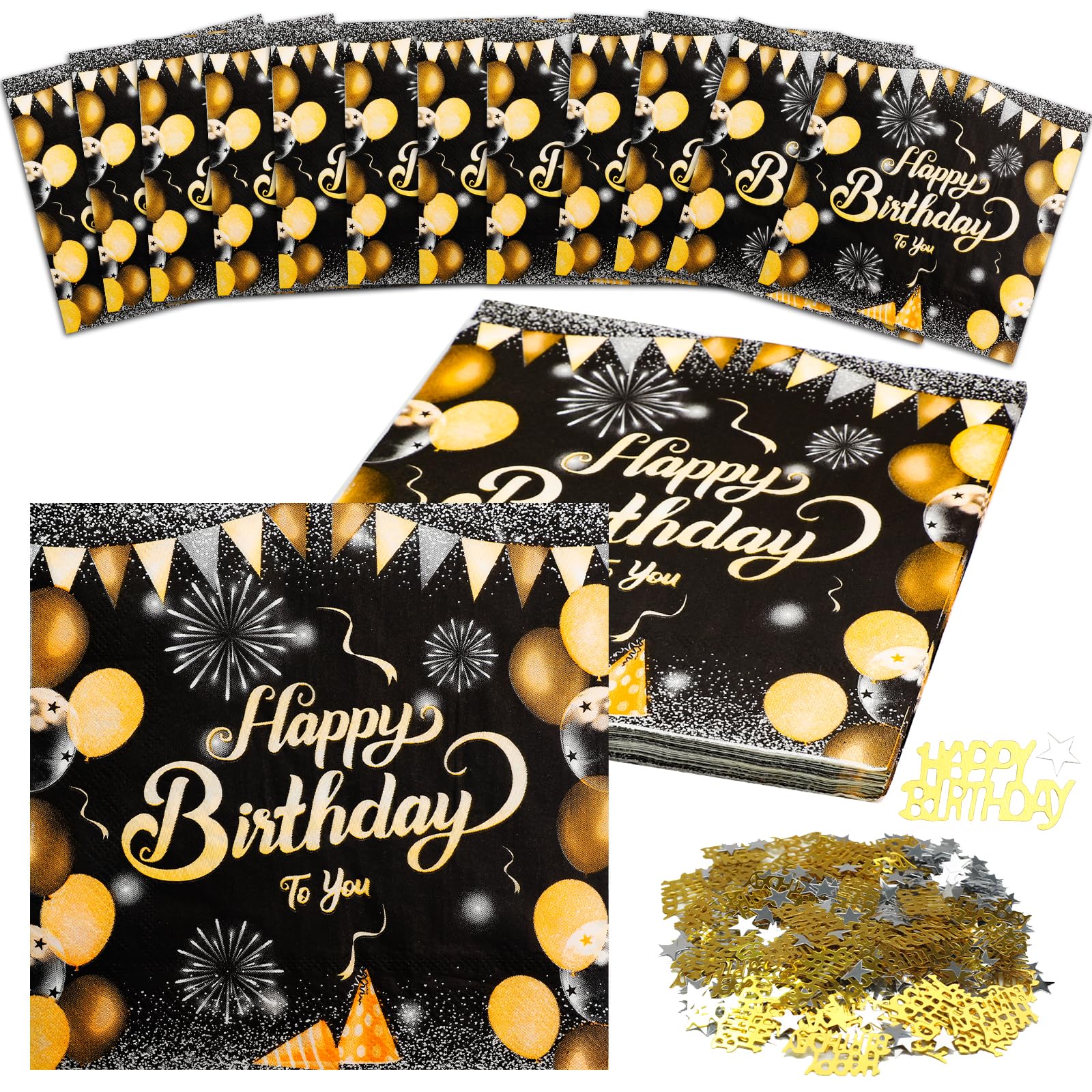 40 Pack Birthday Napkins, 2 Layers Black Gold Napkins with Confetti