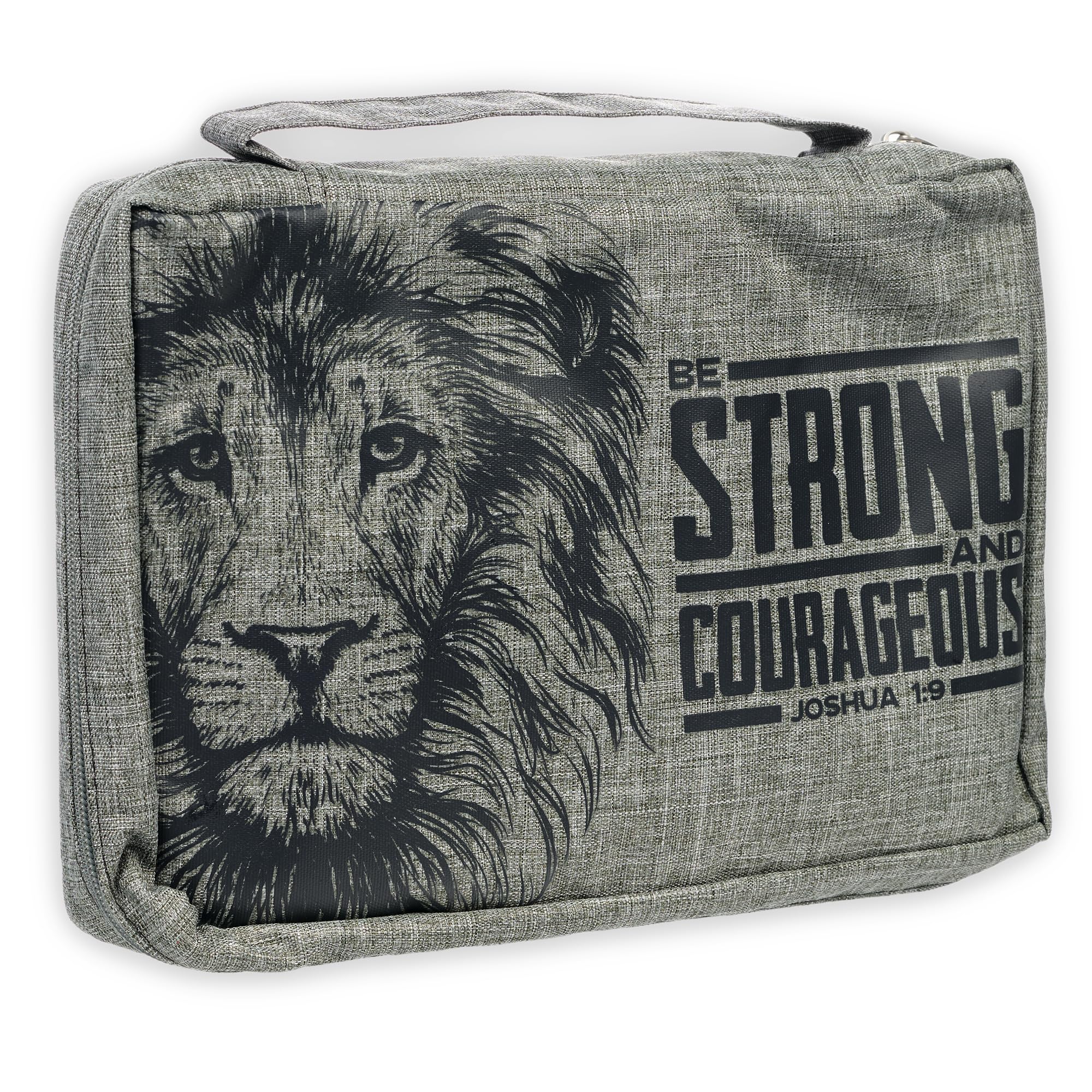 Christian Art Gifts Value Poly-Canvas Bible Cover for Men & Women: Strong & Courageous Bold Lion - Joshua 1:9 Inspirational Scripture with Pocket, Sleeves, Pen Loops, Gray, Medium