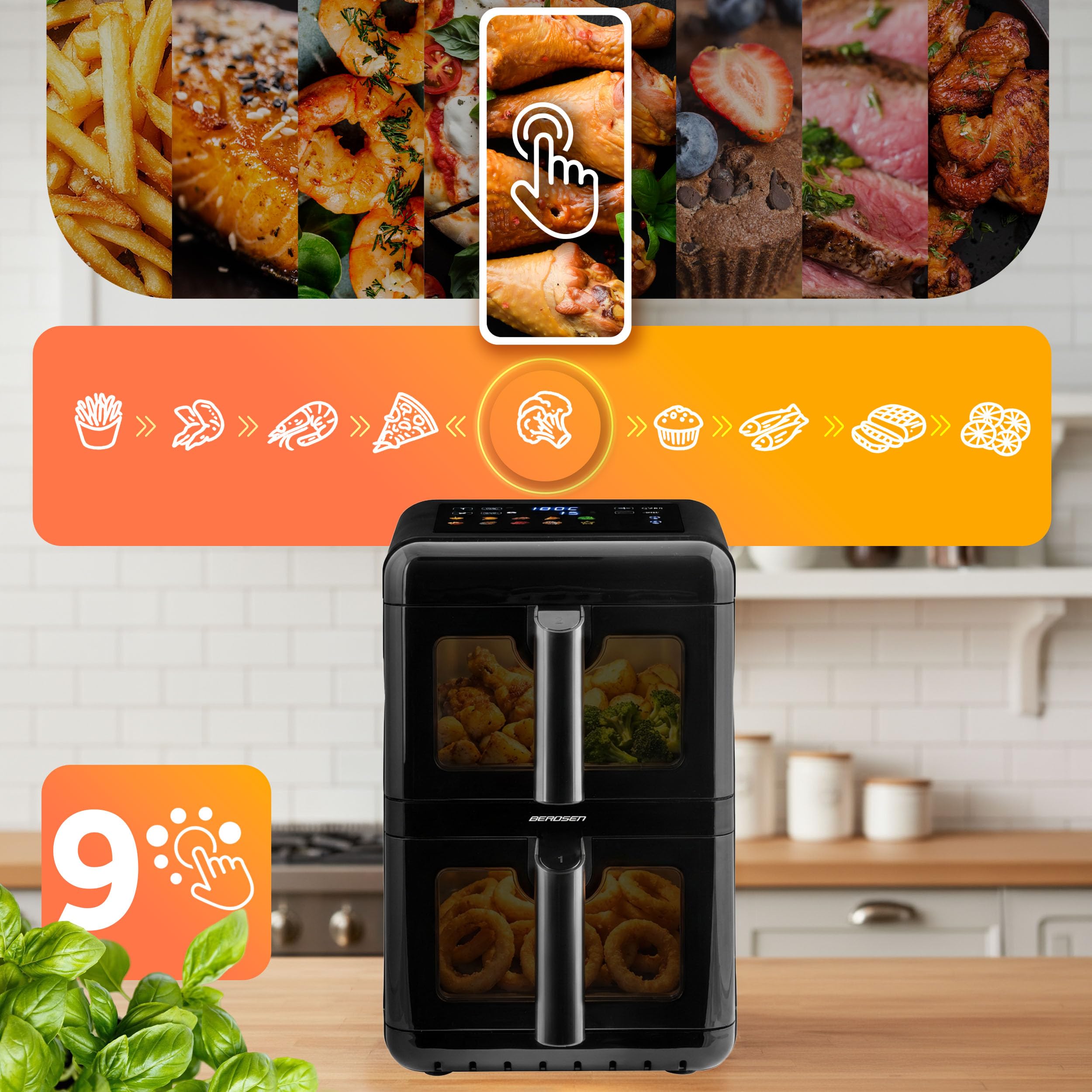 Berdsen Frytkownica Beztłuszczowa Airfryer na Gorące Powietrze 11,6 l - Dwukomorowa Pionowa 2 x 5,8 l, 3000 W, 9 Programów, Ekran Dotykowy i Okienko LED - Pieczenie, Grillowanie i Suszenie - Czarna
