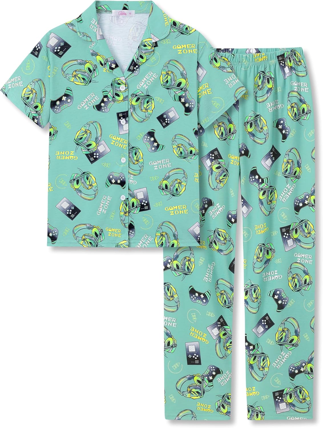Tebbis Boys 2 Piece Pajama Set - Short Sleeve Button Up PJs with Fun Themed Prints, Kids Sleepwear Size 6-18