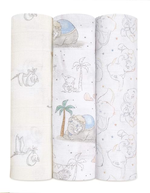 aden + anais Dumbo Swaddle Blanket - Pack of 3 | Disney Baby | Large 100% Breathable Muslin Cotton Wrap Set for Infant Girls & Boys | Adorable My Darling Dumbo Print Designs | Newborn Sleep Essential
