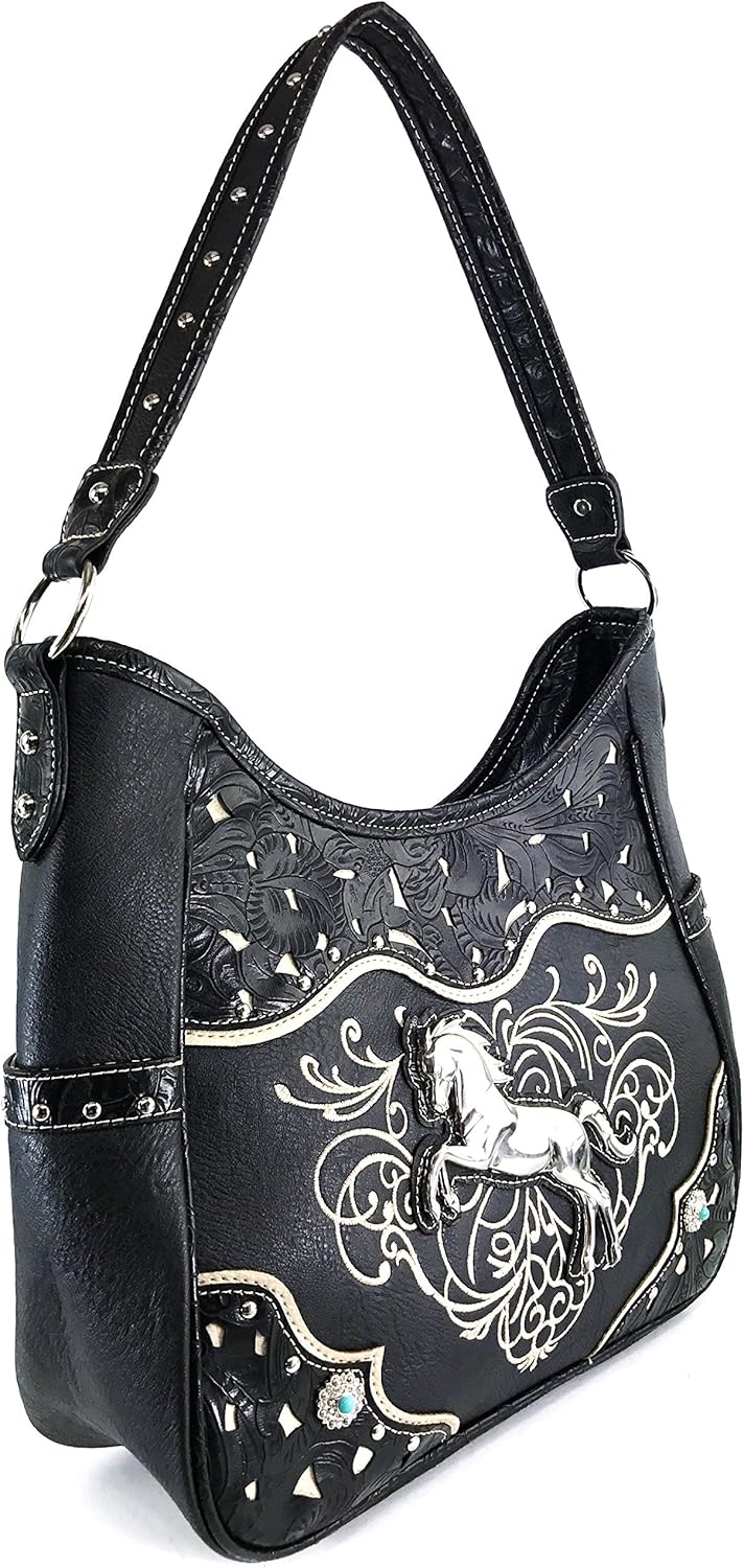 Justin West Western Embroidery Horse Turquoise Concho Rhinestone Studded Shoulder Tote Handbag Purse Wallet