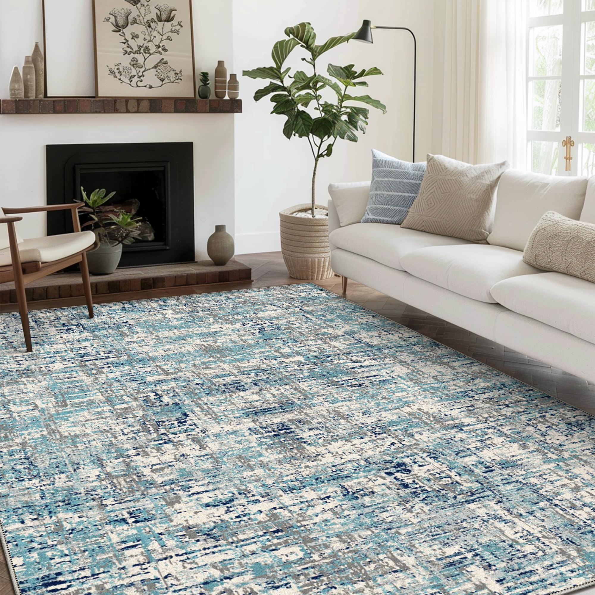 Area Rugs 8x10 for Living Room Bedroom, Modern Abstract Machine Washable Rug, Large Soft Low Pile Floor Carpet with Non Slip Backing for Dining Room, Mix Blue