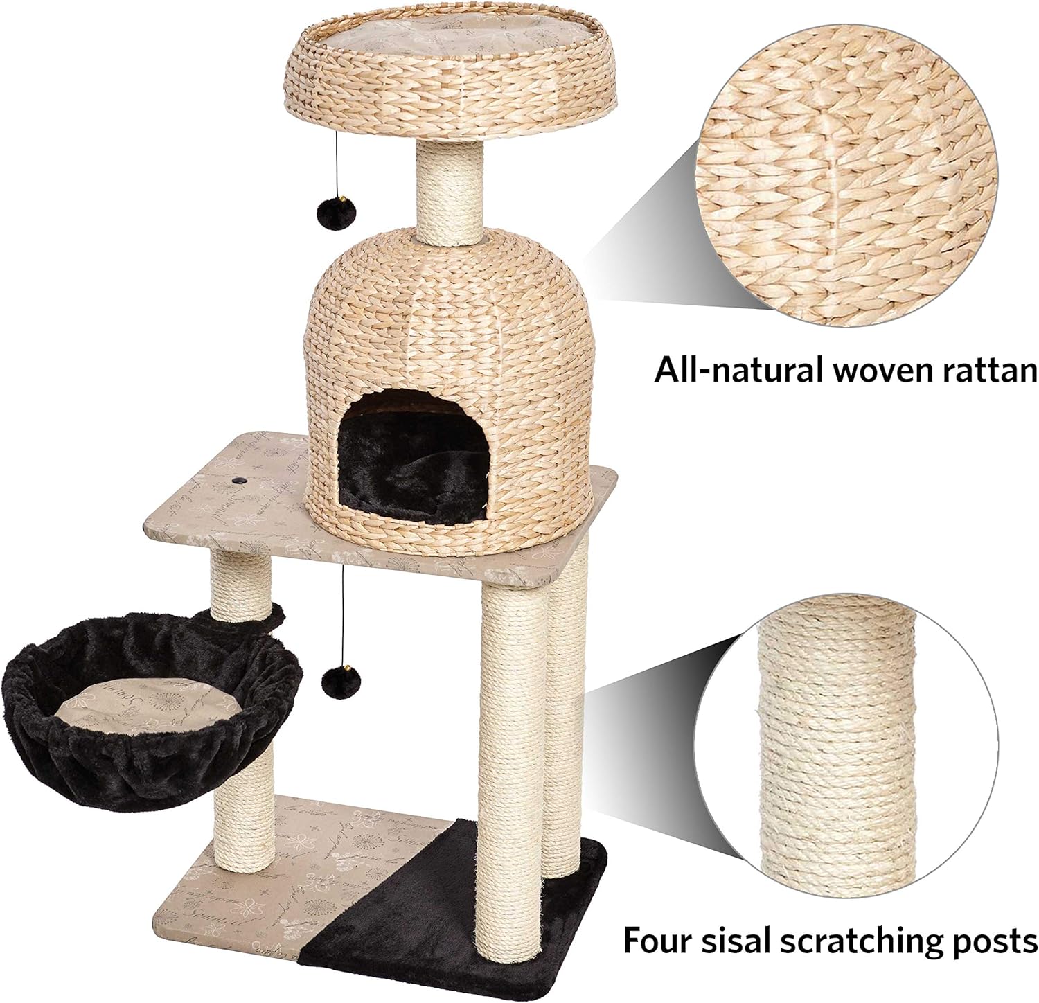 review MidWest Homes for Pets Cat Tree | Reid Cat Furniture, 3-Tier Cat Activity Tree w/ Sisal Wrapped Support Scratching Posts & Dangle Play Balls, Woven Rattan & Script Medium Cat Tree