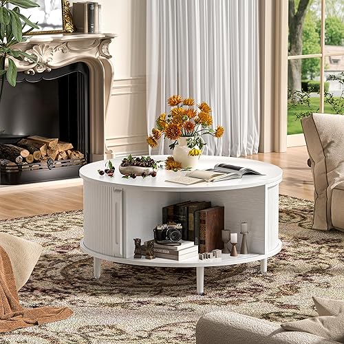 Miniatura 3 de Round Coffee Table, 31.5" Fluted Center Table with Storage, Lift-Top Coffee Table with Adjustable Footpads, Sliding Door, Mid-Century Modern Center