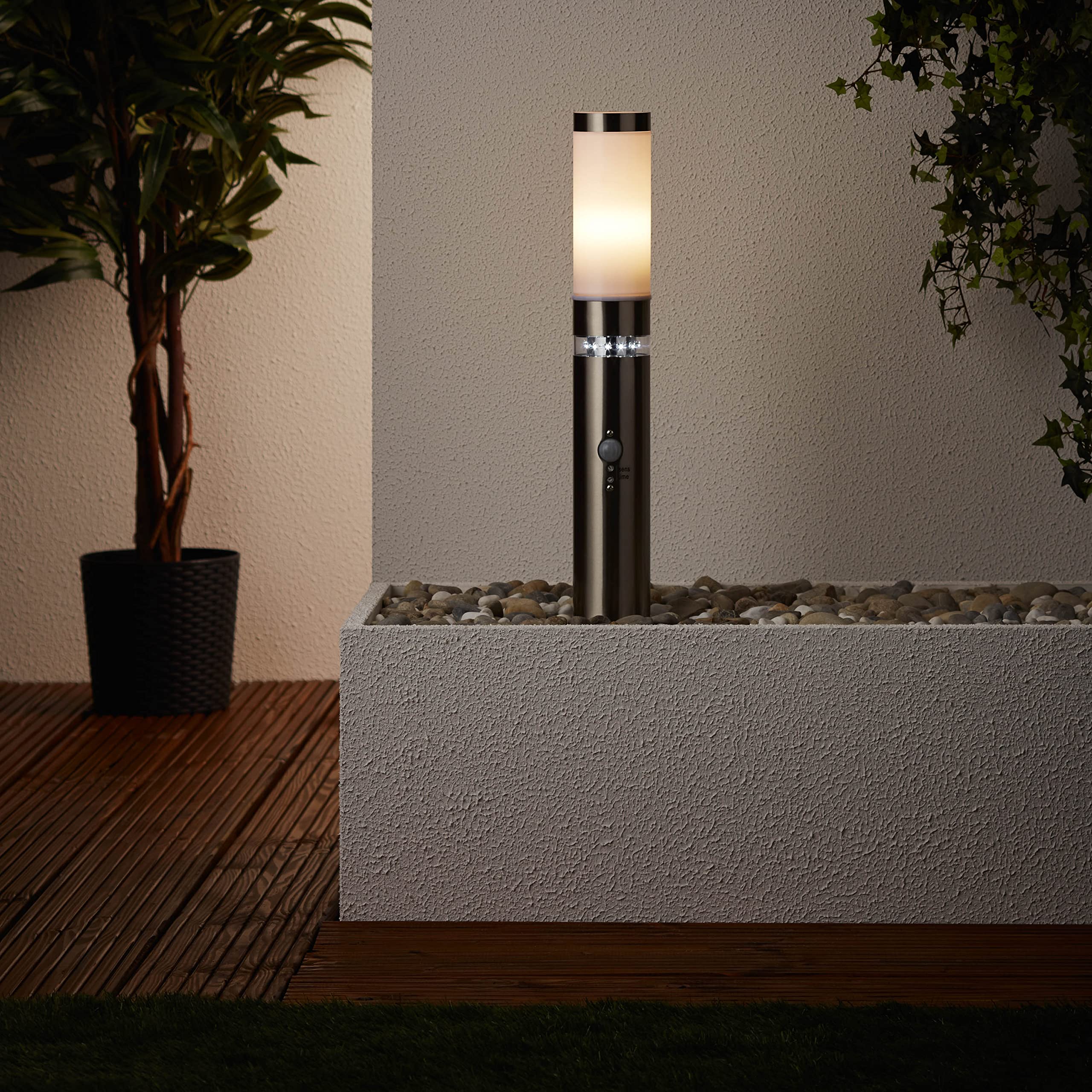 Brilliant Lampada a LED con piedistallo in acciaio inox, lampada per esterni con sensore di movimento regolabile e interruttore crepuscolare per luce decorativa a LED, lampada a colonna resistente