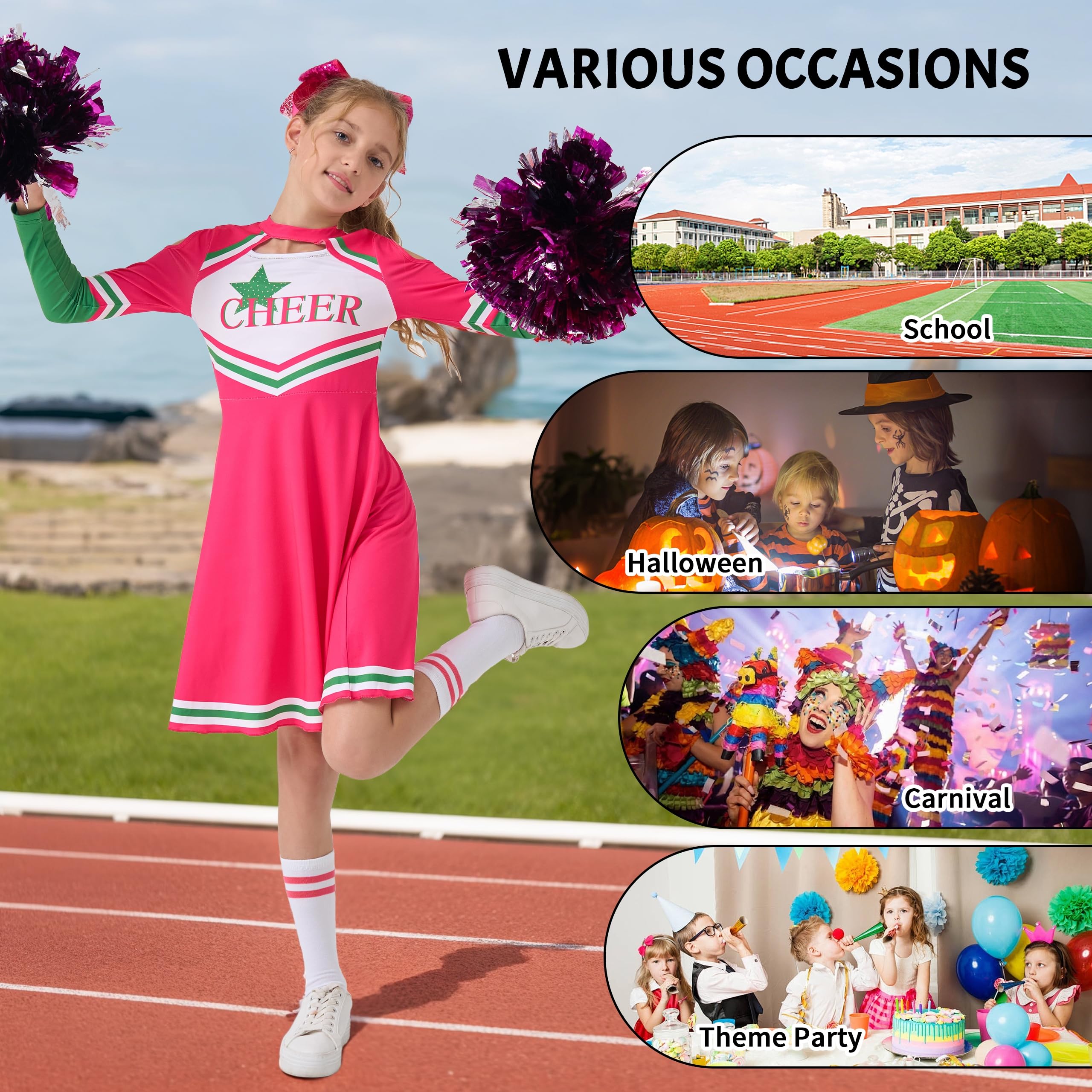 LOLANTA Costume da Cheerleader per Bambini, Vestito da Cheerleader a Maniche Lunghe per Ragazze con Pompon e Calzini, Carnevale o Evento Sportivo