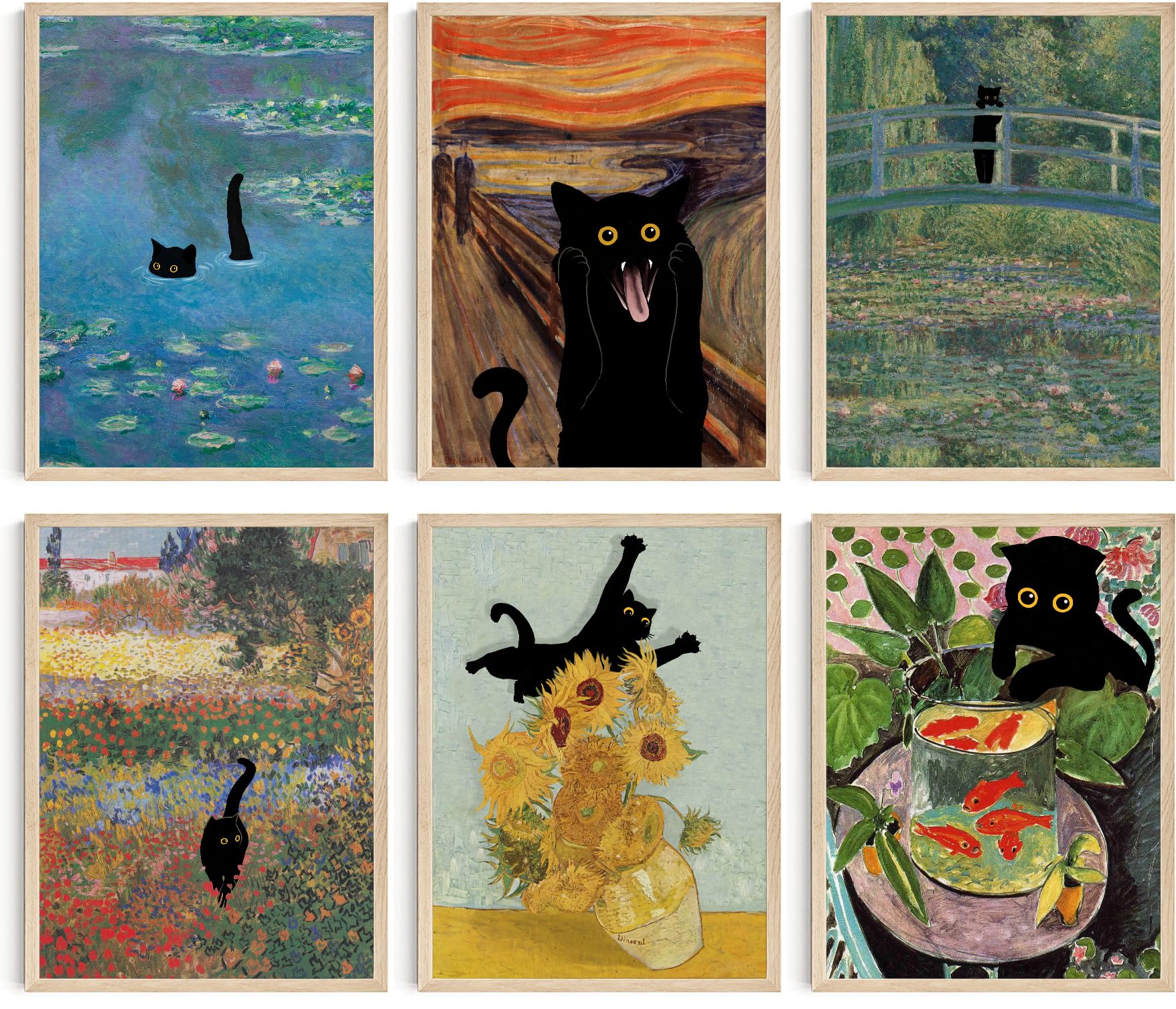 Hambient Laminas Decorativas Pared de Gatos para Cuadros Decoracion Salon Modernos, Dormitorios, Habitacion, Baño, Hogar. Monet, Van Gogh, Munch, Klimt. 6 Posters. (30 x 40 cm - Sin Marcos)