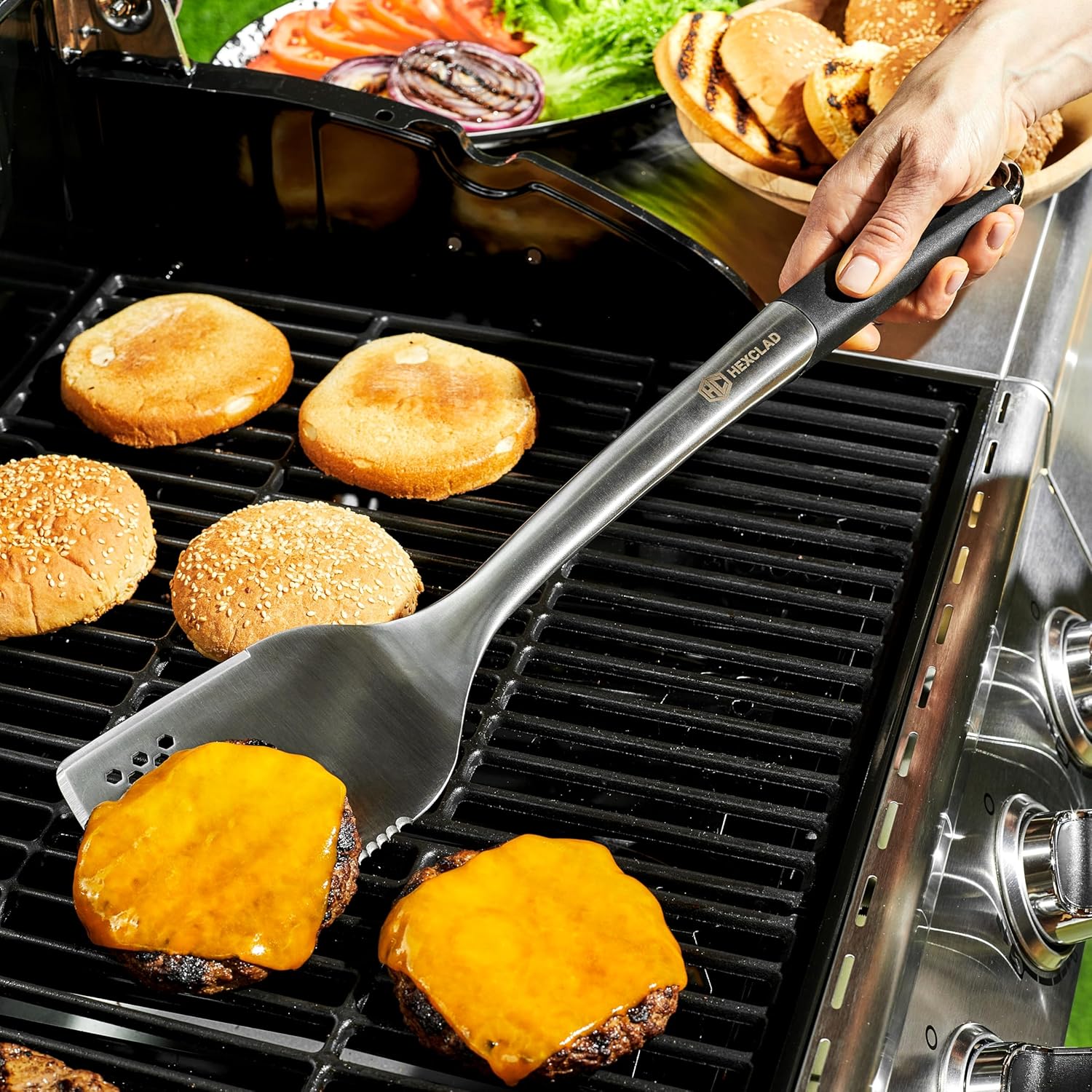 HexClad 8-Piece BBQ Grill Tool Set with 18" Grill Spatula, 18" Locking Tongs, 17" Silicone Basting Brush, 18" Grill Fork, and Four 15" Flat Skewers, Heat-Resistant, Soft-Grip, Non-Slip Handles