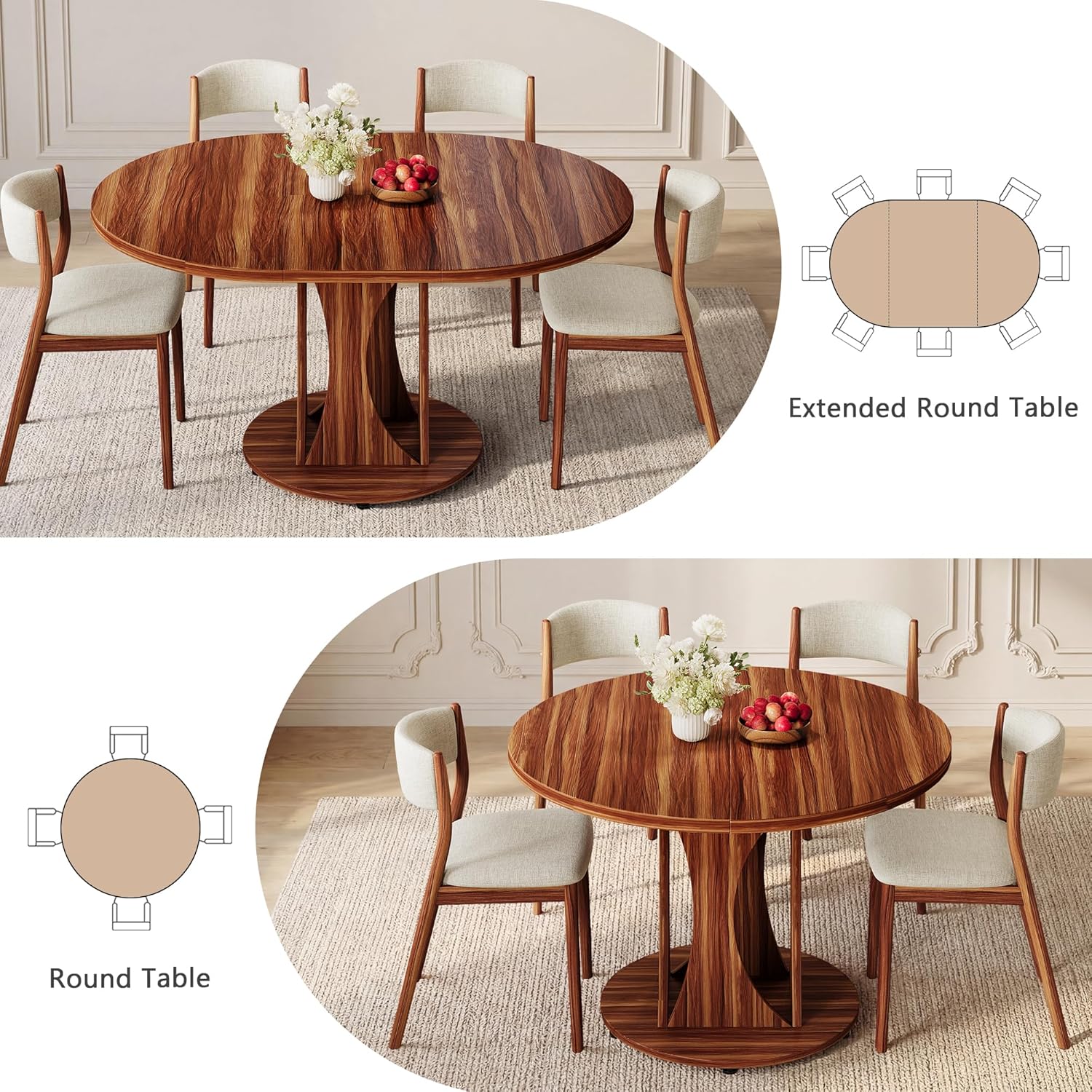 iPormis 43"-59" Extendable Dining Table, Round Kitchen Table with Modern Arcs Pedestal, Oval Dinner Table with Removable Leaves,Hidden Storage, for Kitchen, Dining Room, Living Room, Office, Walnut