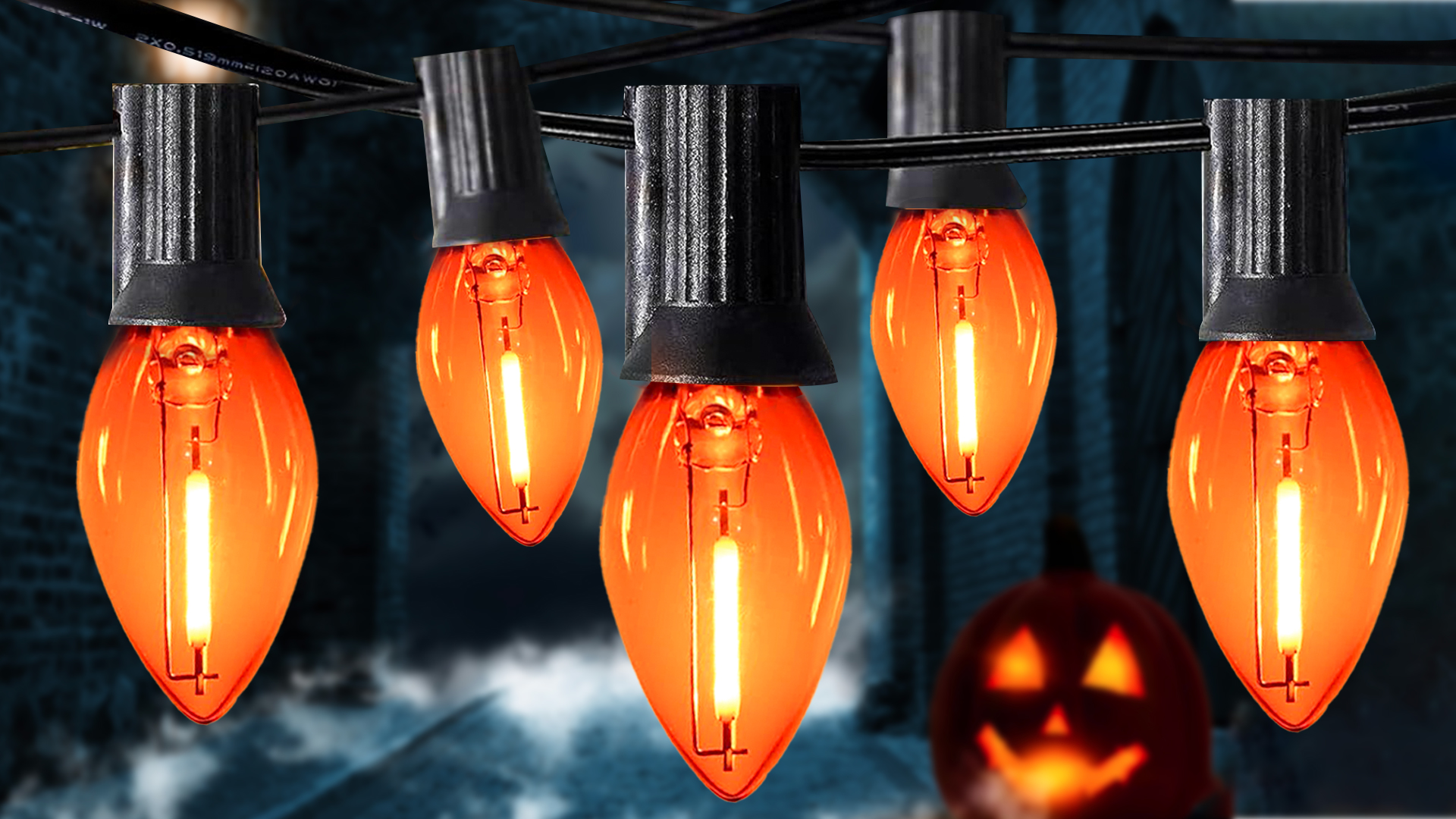 Image of 10FT C7 Orange LED String Lights, Black Wire Outdoor Halloween | IP44 Waterproof & Shatterproof, End-to-End Connectable, Perfect for Patio, Porch, Railing, Party or Holiday Decor