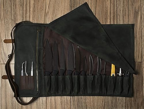 Miniatura 2 de Asaya Rollo de lona encerada para cuchillos  15 ranuras para cuchillos, tarjetero y bolsillo grande con cremallera  Hebillas de cuero auténtico,