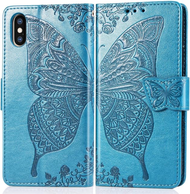 ZTOFERA Flip Case for iPhone X/XS, Butterfly Embossment Pattern Wallet Case with[Magnetic Closure][Card Slots][Kickstand][Wrist Strap], Slim Cover for iPhone X/XS - Blue