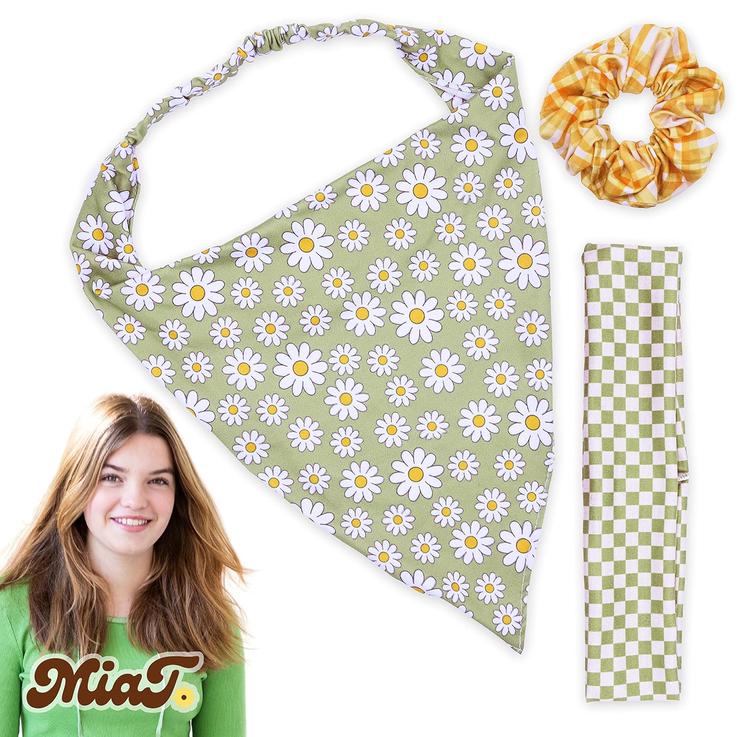 FROG SAC & Mia Talerico Hair Scarf Headbands for Girls, Flower Headband Scarf Bandanas, Floral Bandana Head Bands for Women, Boho Kerchief Headband Accessories Pack for Teens (Olive)