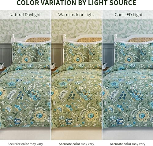Miniatura 6 de TWINRUN Juego de edredón de algodón tamaño Queen Colcha vintage verde salviaazul polvoriento con Botanica (90 x 98 pulgadas + 2 fundas de almohada)