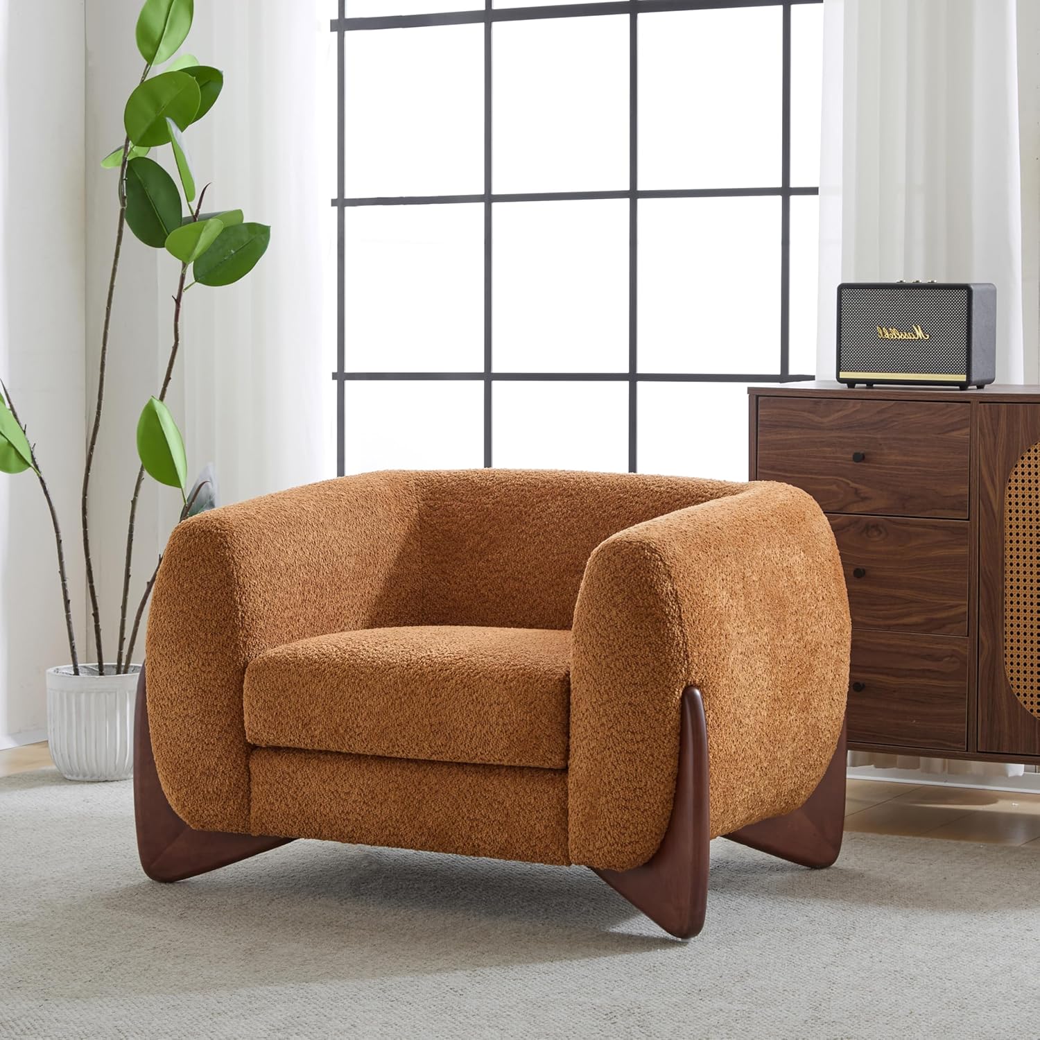 Christopher Knight Home Holly Modern Boucle Fabric Upholstered Club Chair for Living Room, Home Office, Apartment, Relaxing Chair with Removable Cushion and Birch Wood Legs, Caramel Brown + Walnut
