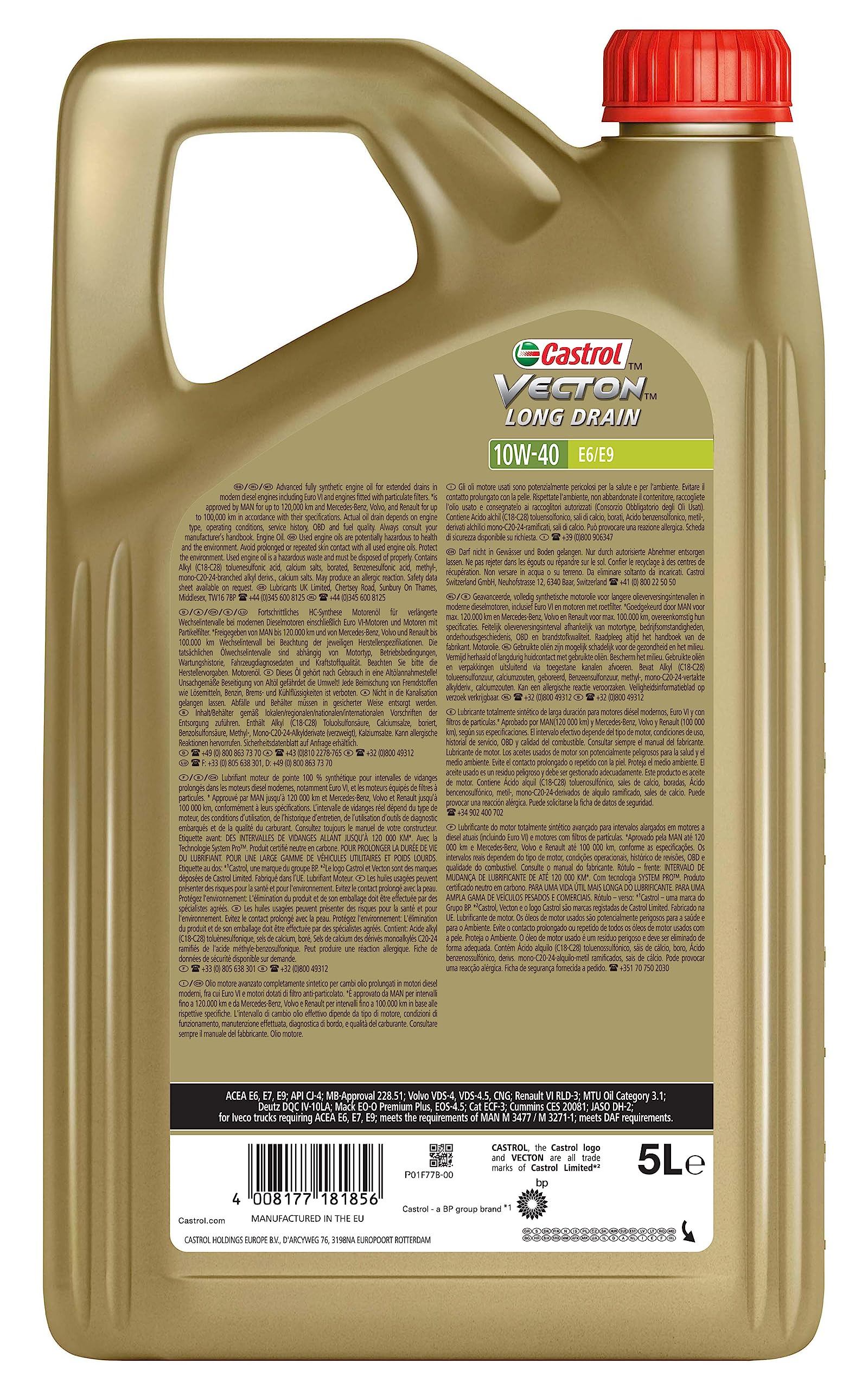 CASTROL Huile moteur Vecton 10W-40 Huile entièrement synthétique Huile ACEA E11 API CJ-4 Long Drain E6/E9 5 L