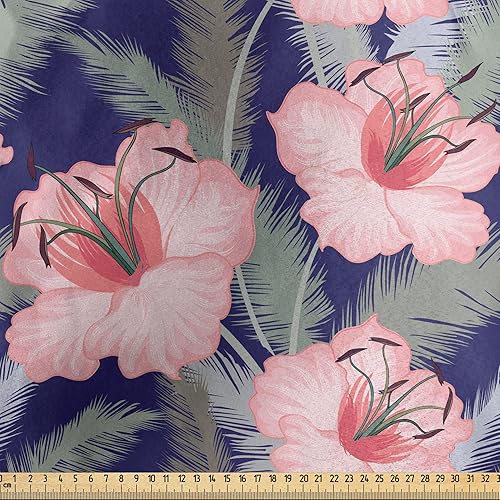 Miniatura 2 de Ambesonne Flower Fabric by The Yard, Blooming Flowers Composition Pink Toned Lilies Ornamental Spring Flourish Pattern, Decorative Satin Fabric for