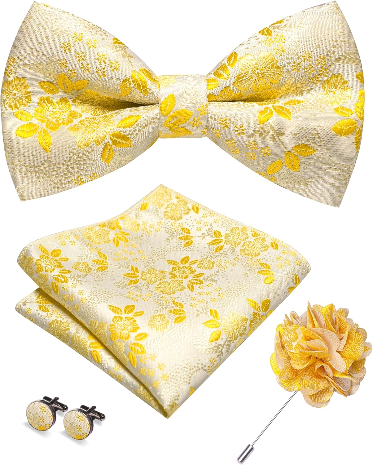 JEMYGINS Floral Pre-tied Bow Tie and Pocket Square Cufflinks Lapel Pin Sets for Men 4PCS