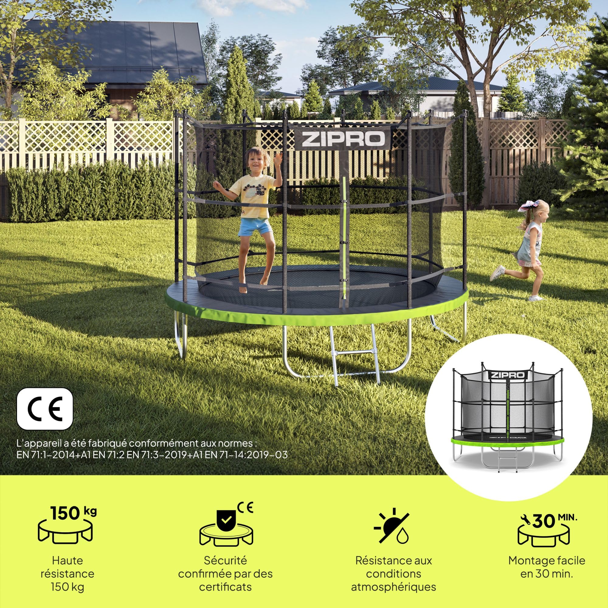 ZIPRO JumpPro in Trampoline Extérieur, Trampoline de Jardin Enfants, Filet Intérieur, Résistant, Protection UV, Montage Facile, Charge 100-150 kg,