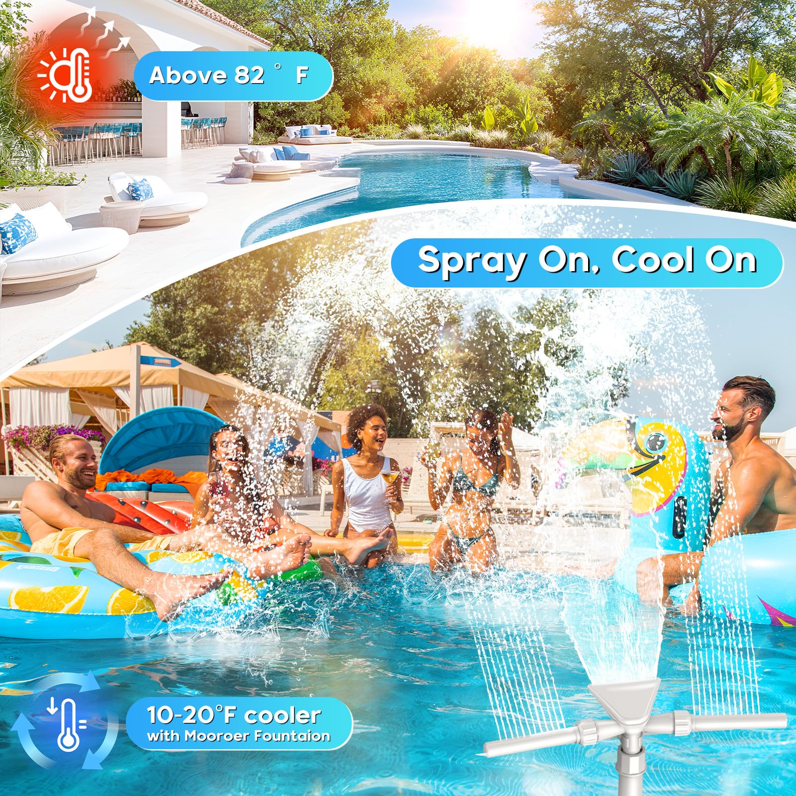 Mooroer Piscina Fontana 3 in 1, Cascata Fontana Sprinkler Piscina Regolabile a 360° per Piscine Fuori Terra e Interrate, Accessorio Piscina Compatibile con Raccordi di Ritorno I*tex/Col*m*n, Relax
