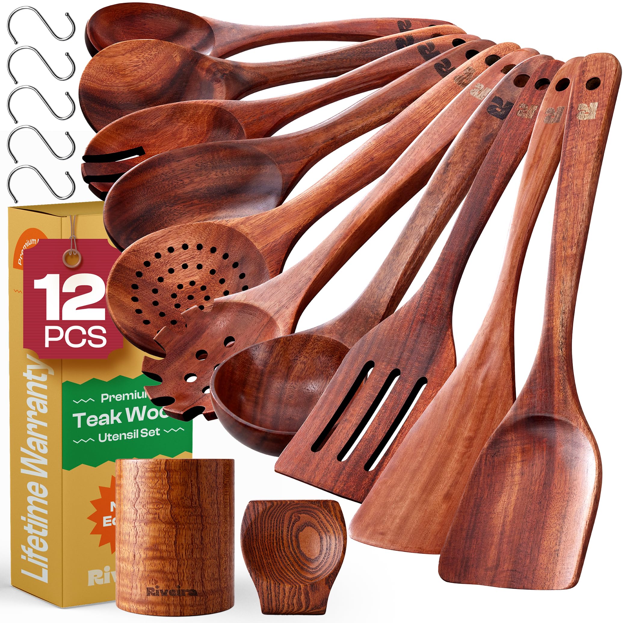 RiveiraDark Teak Kitchen Utensils Set - 12-Piece Non-Toxic Cooking Utensils Set - Wooden Spoons for Cooking - Spatula for Cooking - Teak Wooden Utensils
